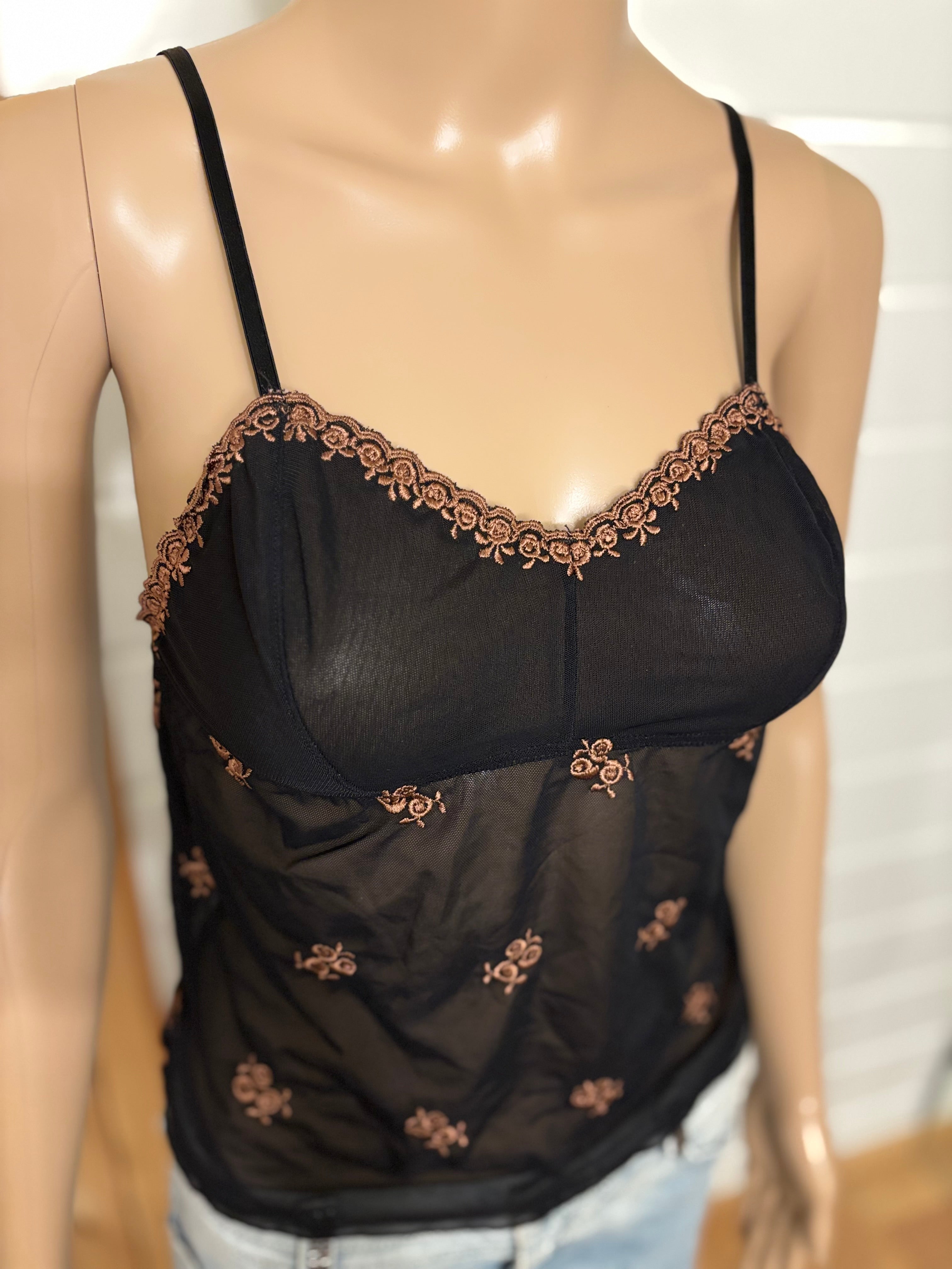 Svart Mesh Topp Brun Broderi
