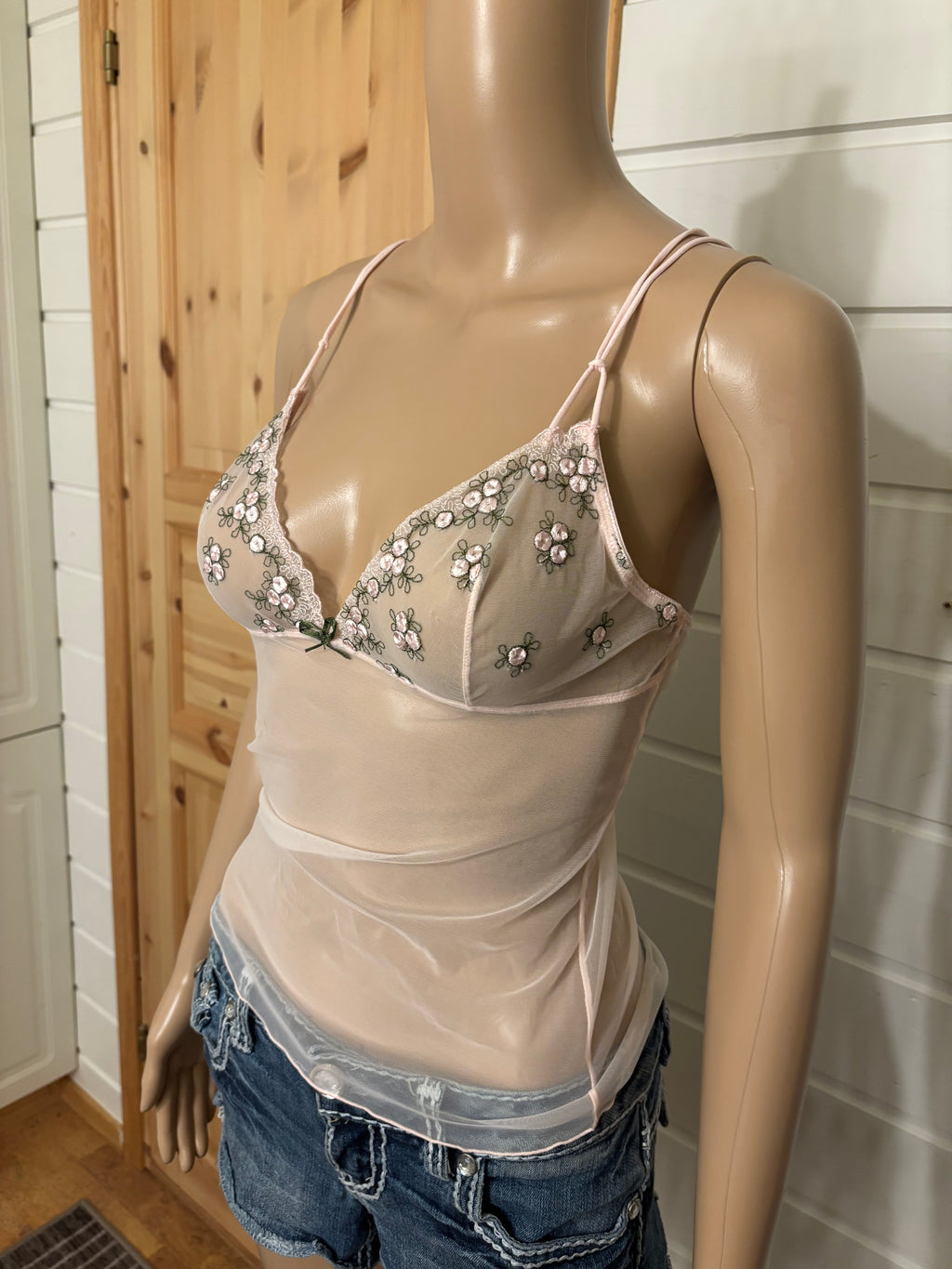 Lyserosa Mesh Topp Blomstret