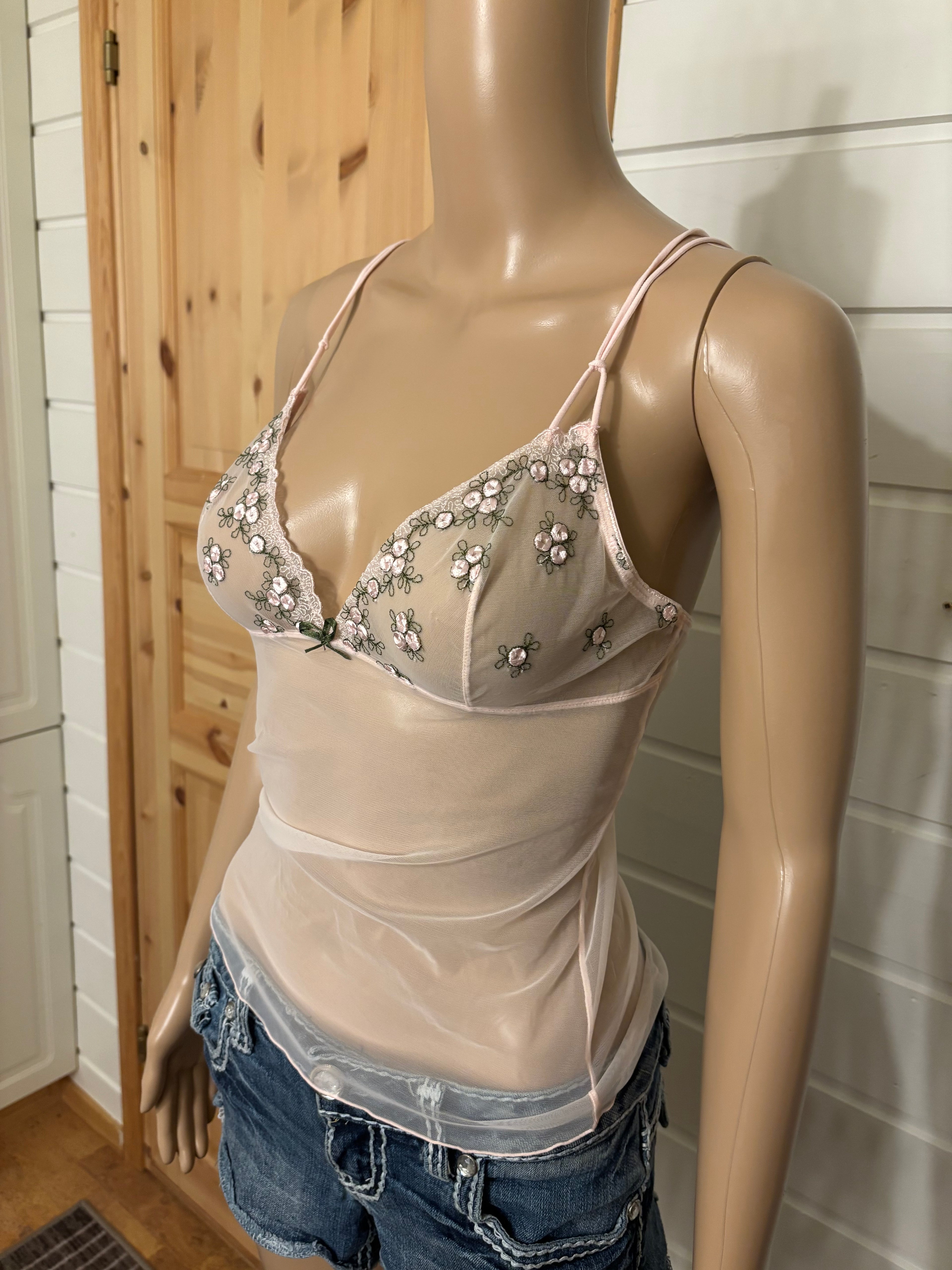 Lyserosa Mesh Topp Blomstret