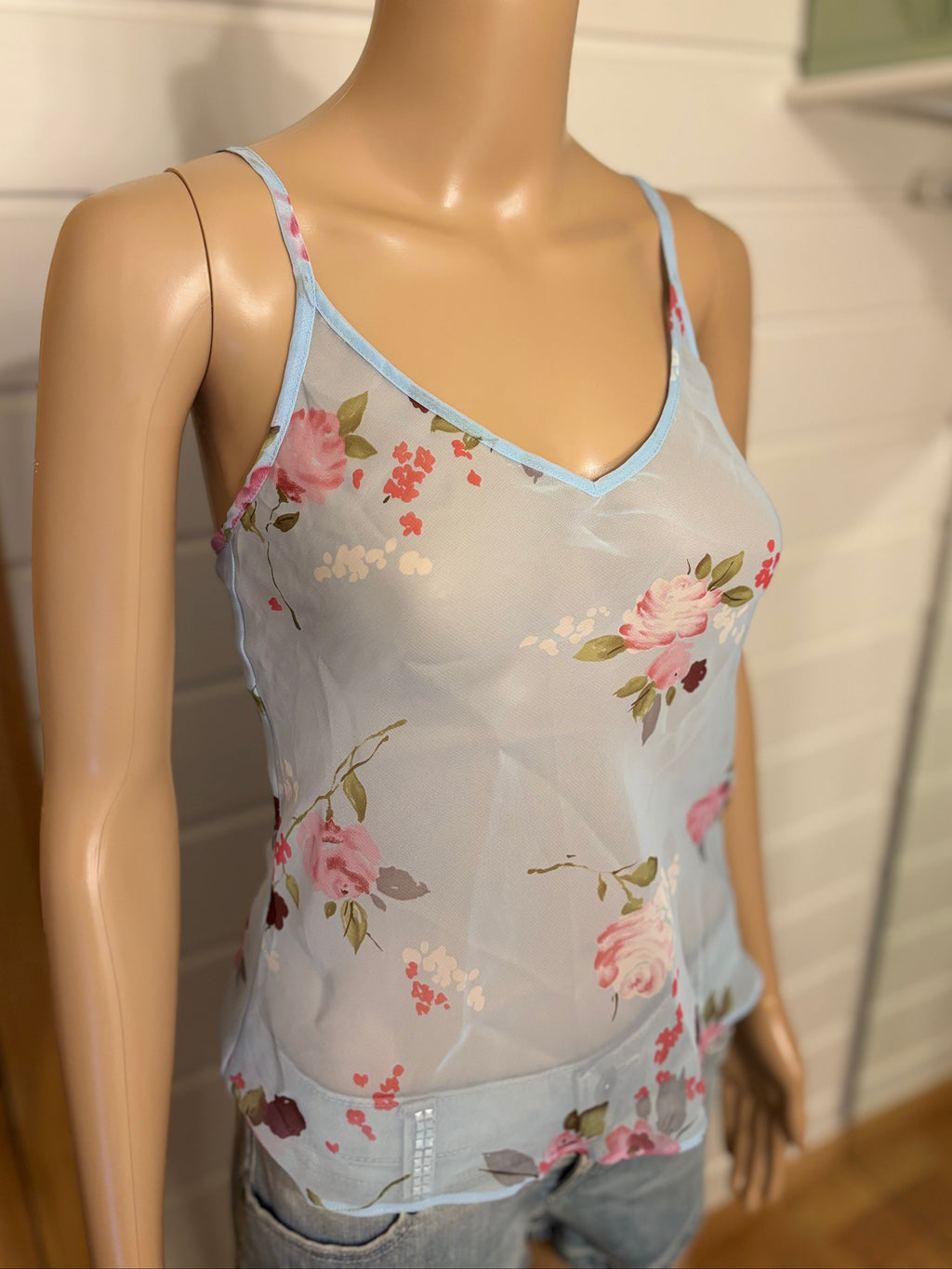 Lyseblå Mesh Blomstret Topp