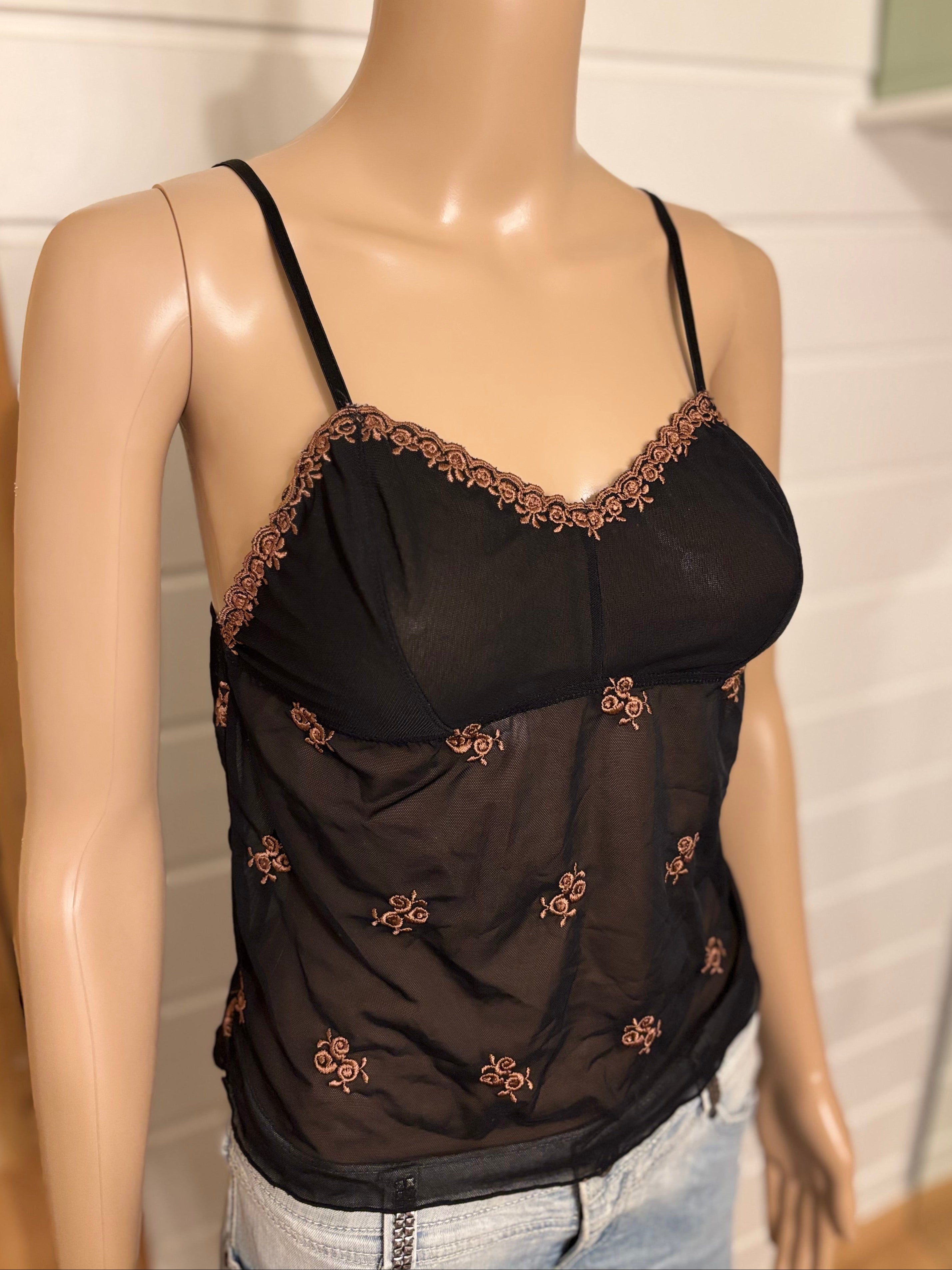 Svart Mesh Topp Brun Broderi