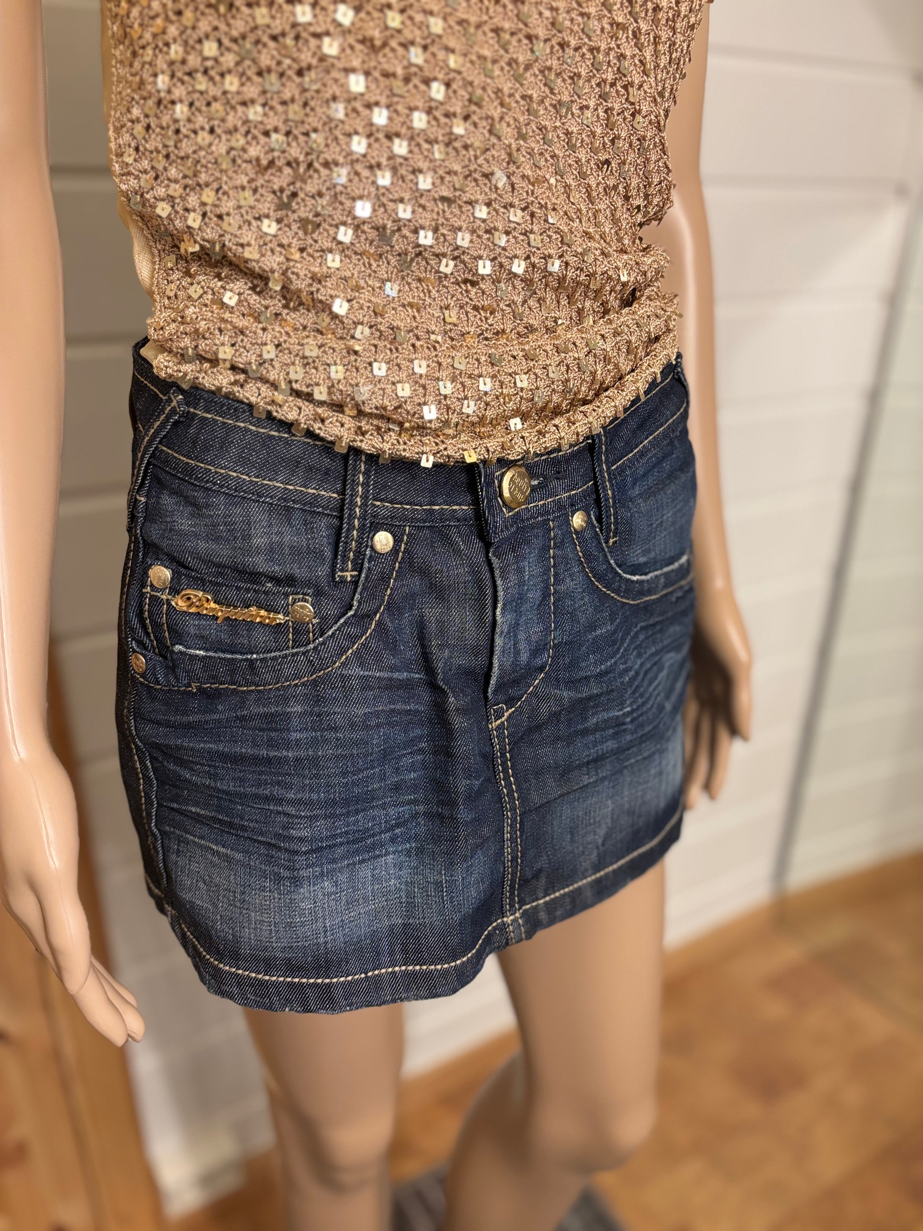 Mørkeblå Mini Denim Skjørt Gull Broderte Lommer