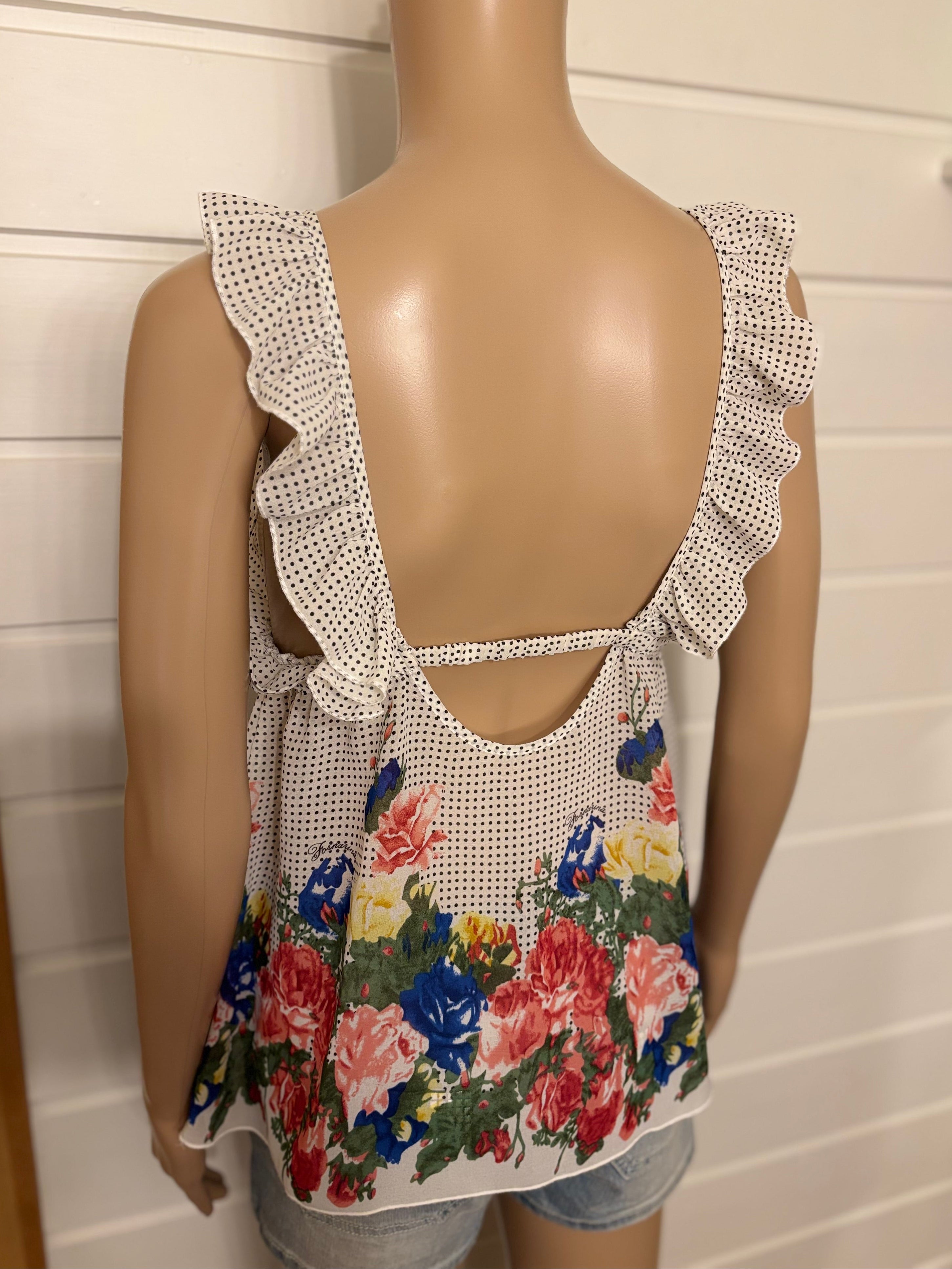 Hvit Svart Polkadott Prikker Blomstret Topp