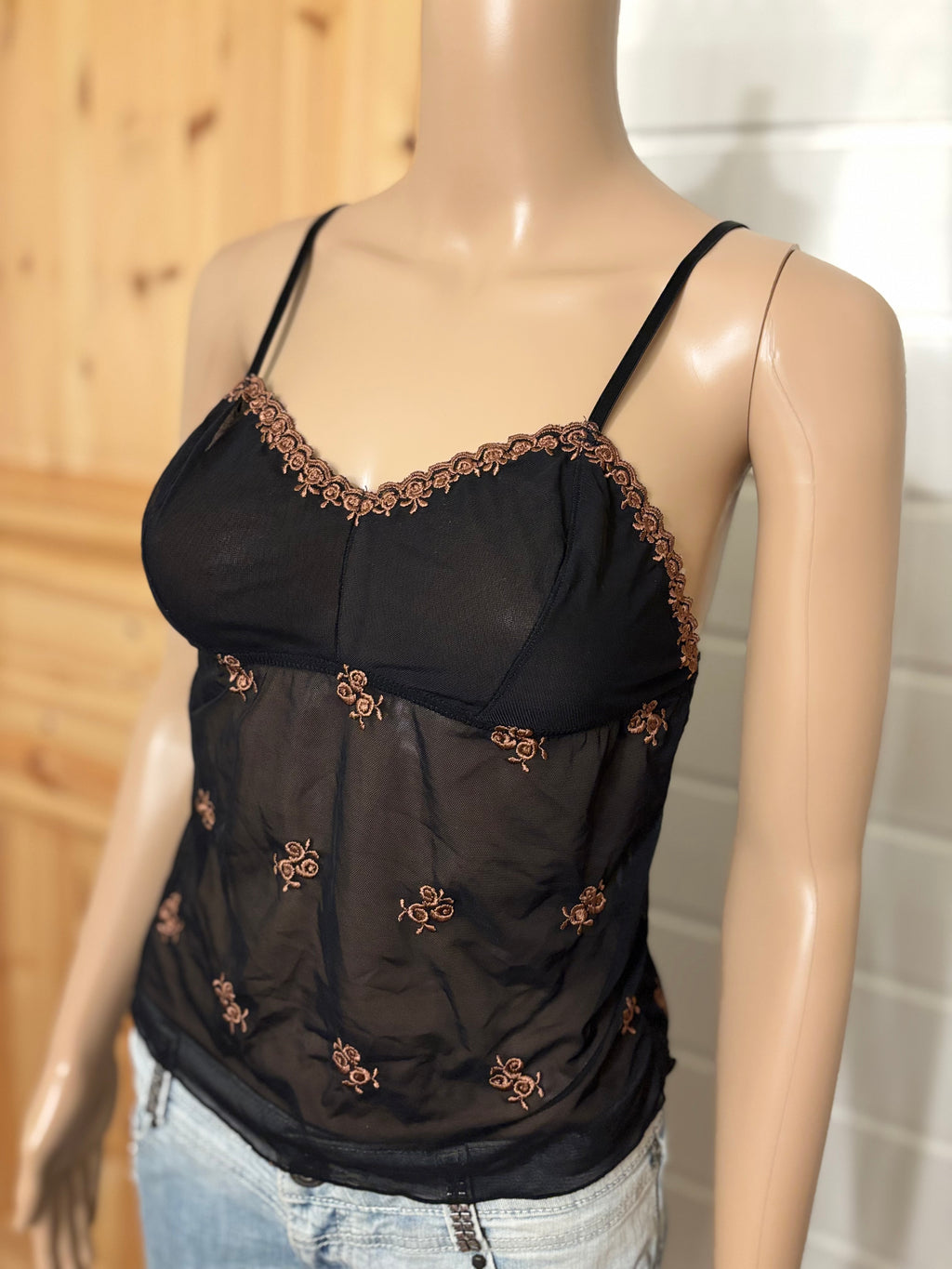 Svart Mesh Topp Brun Broderi