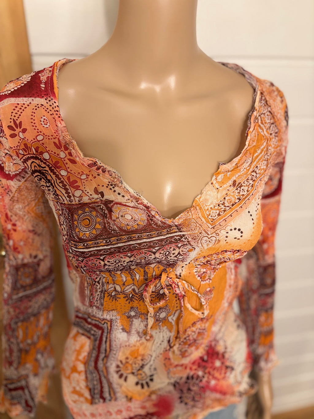 Oransje Mønstret Mesh Bluse