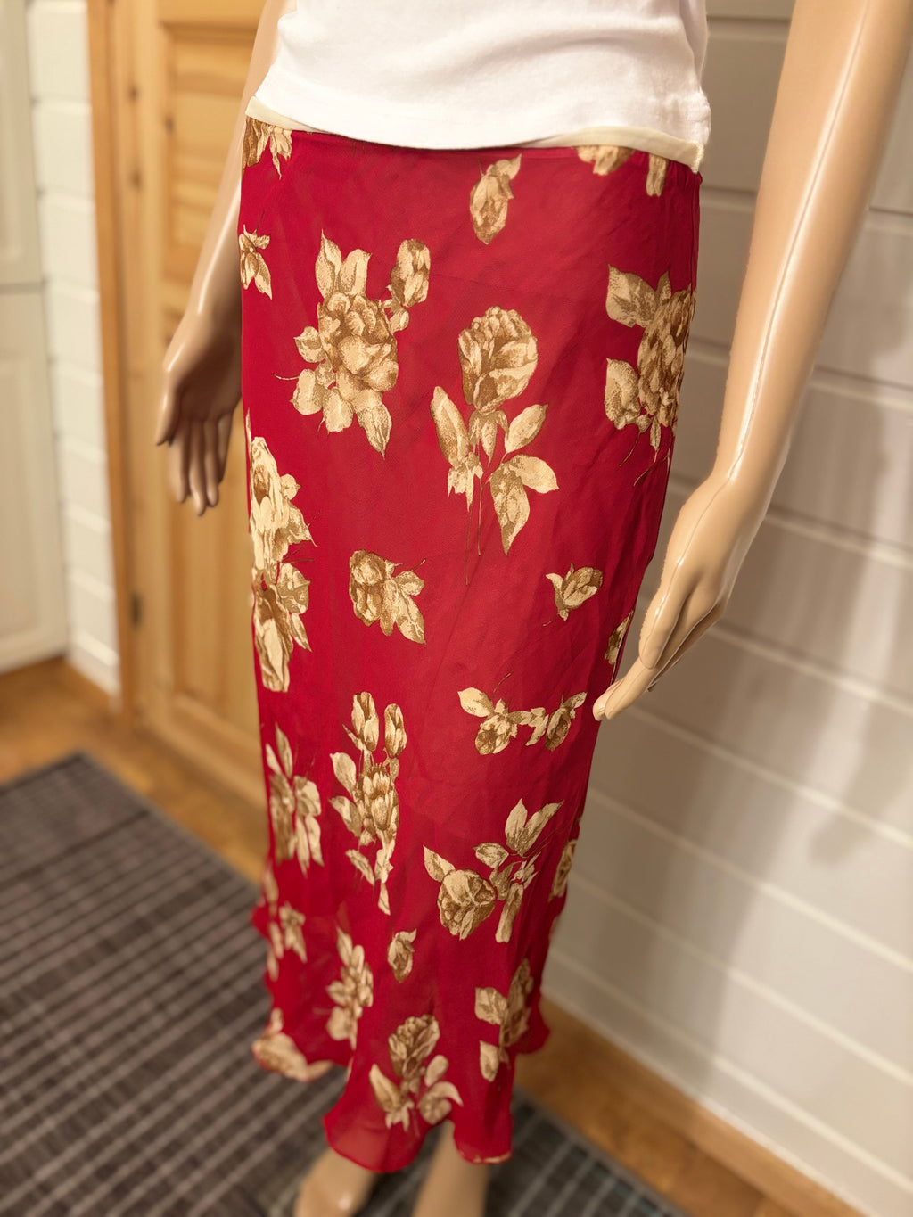 Rød Blomstret Mesh Midi Skjørt