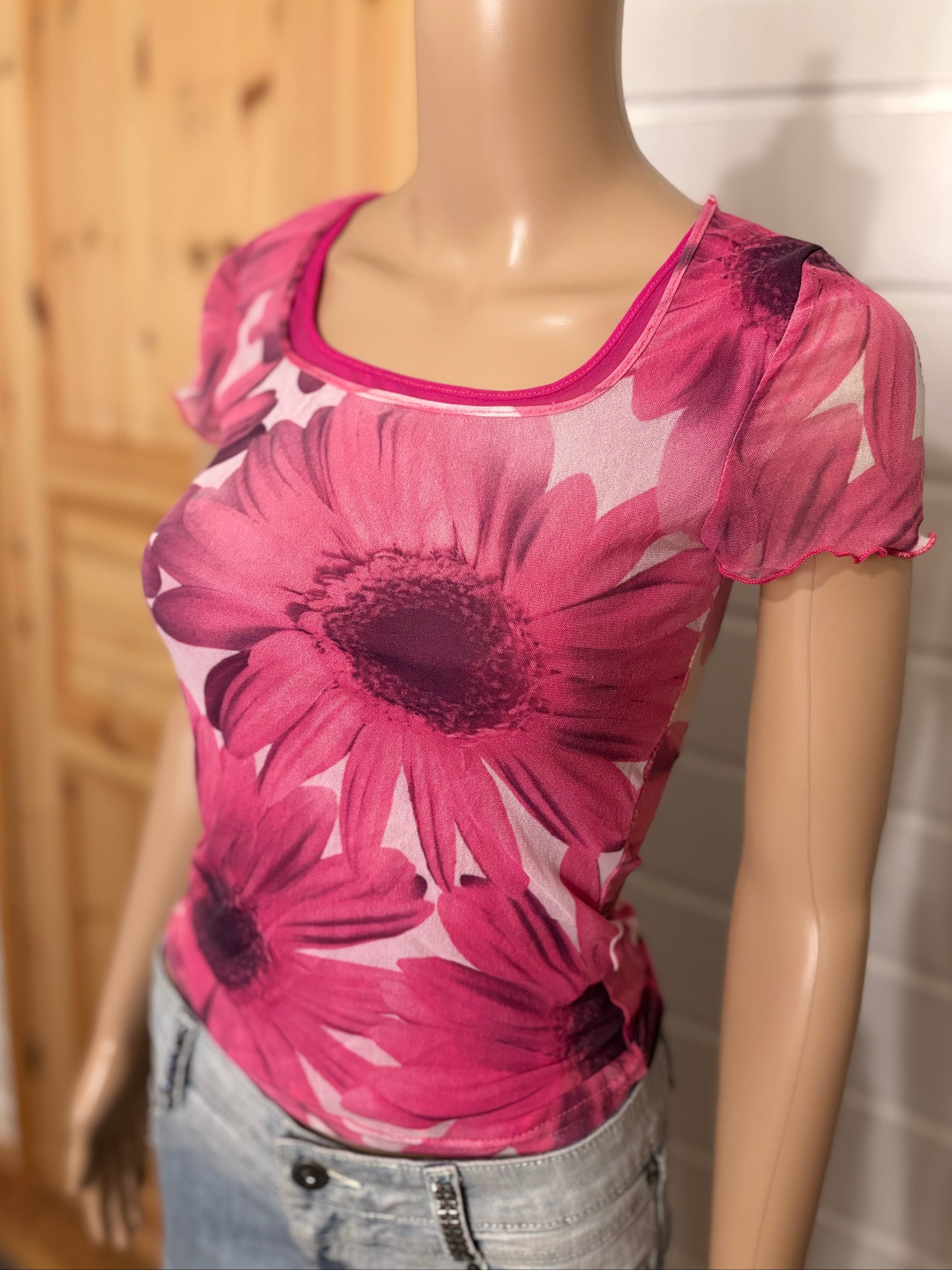 Rosa Blomstret Mesh T-skjorte