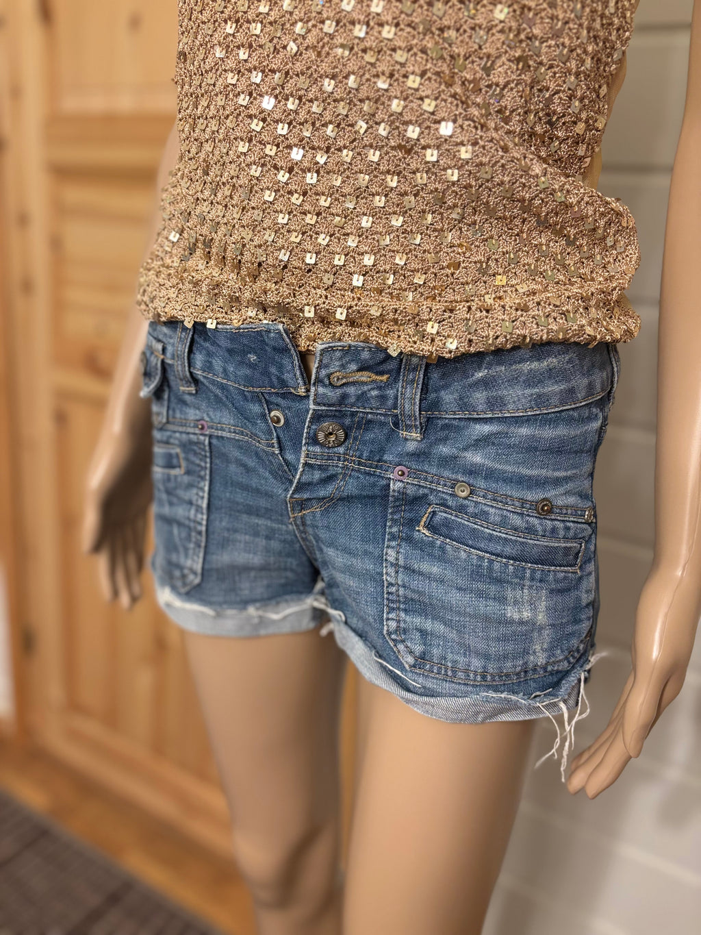 Y2K Denim Shorts Broderte Lommer