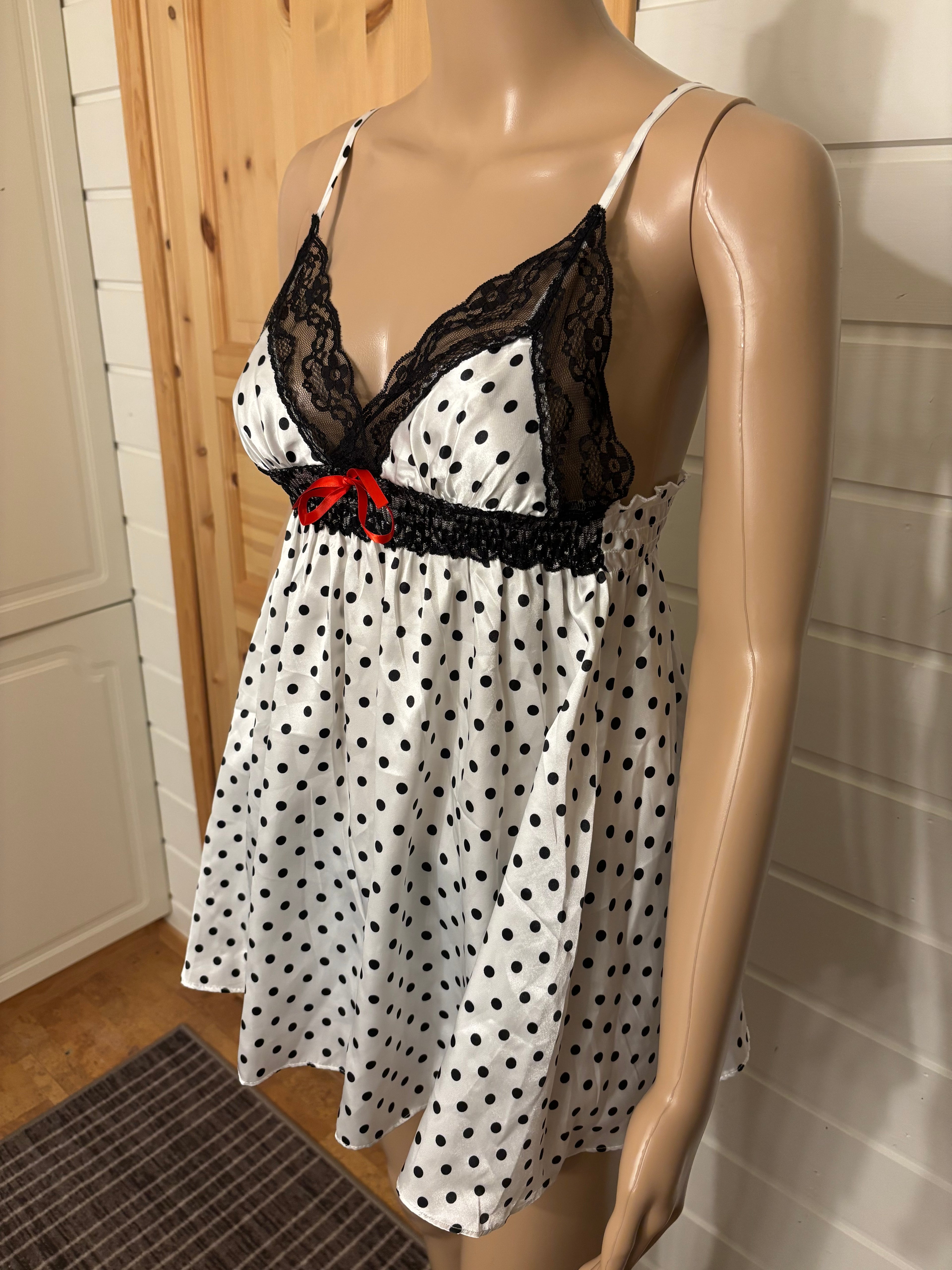 Hvit Svart Polkadott Prikker Babydoll Topp