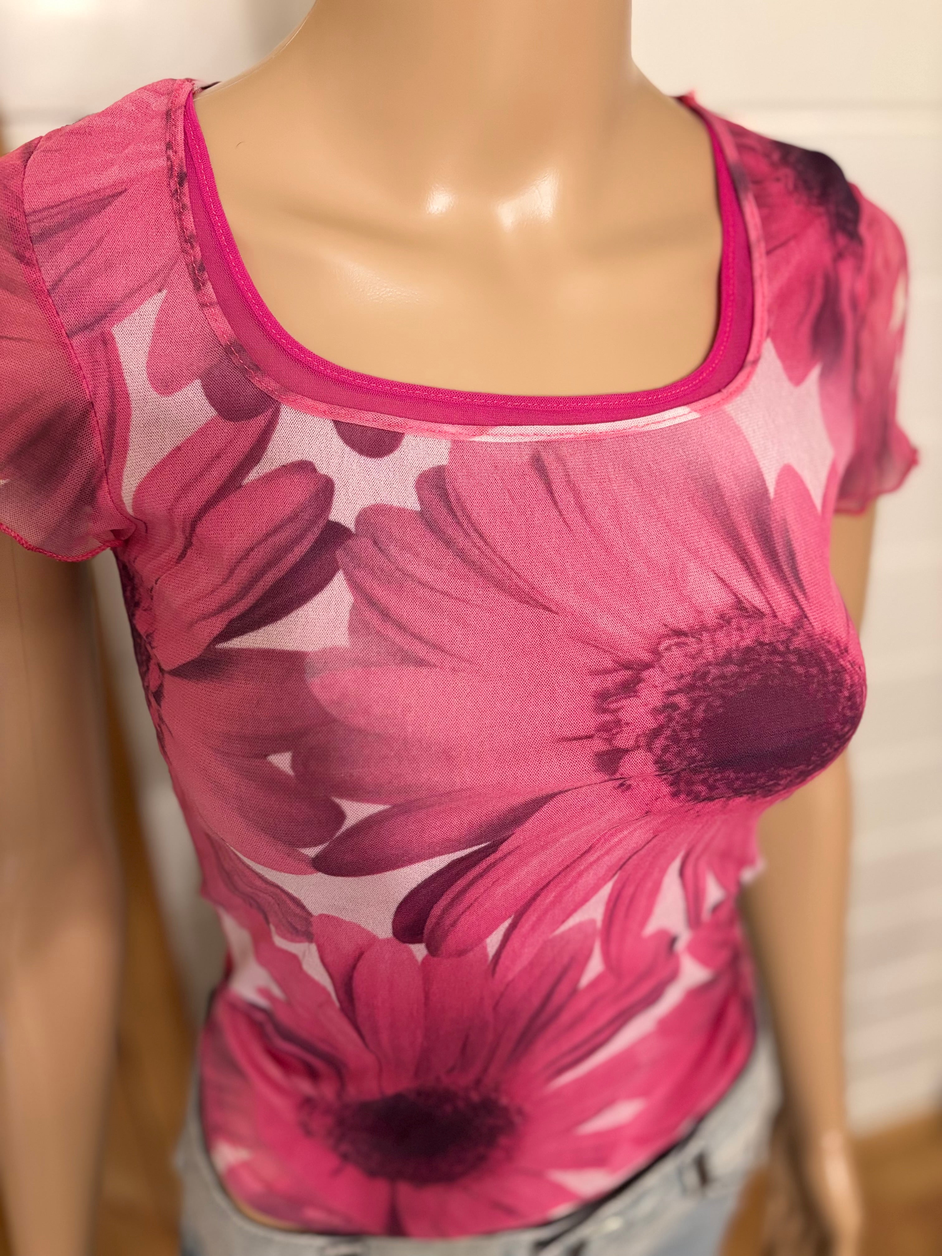 Rosa Blomstret Mesh T-skjorte