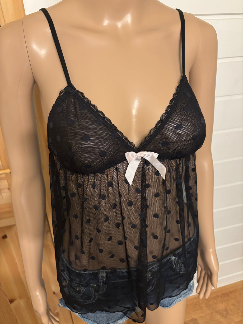 Svart Mesh Babydoll Polkadott Prikker Topp