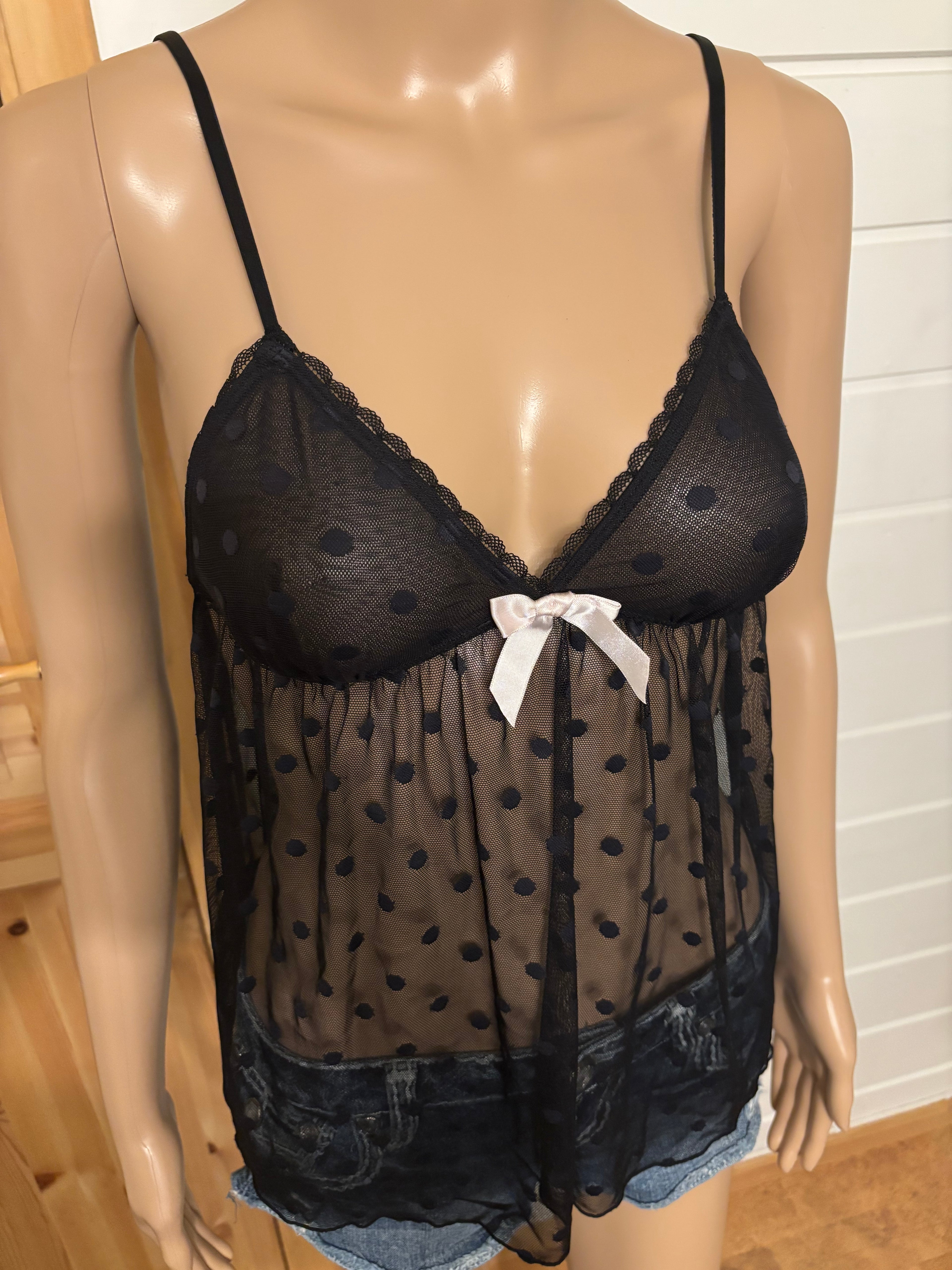 Svart Mesh Babydoll Polkadott Prikker Topp