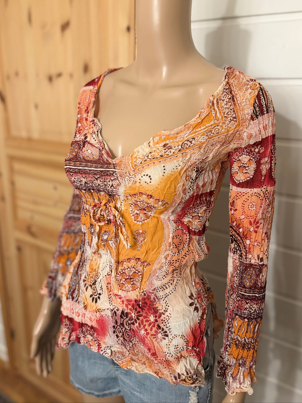Oransje Mønstret Mesh Bluse
