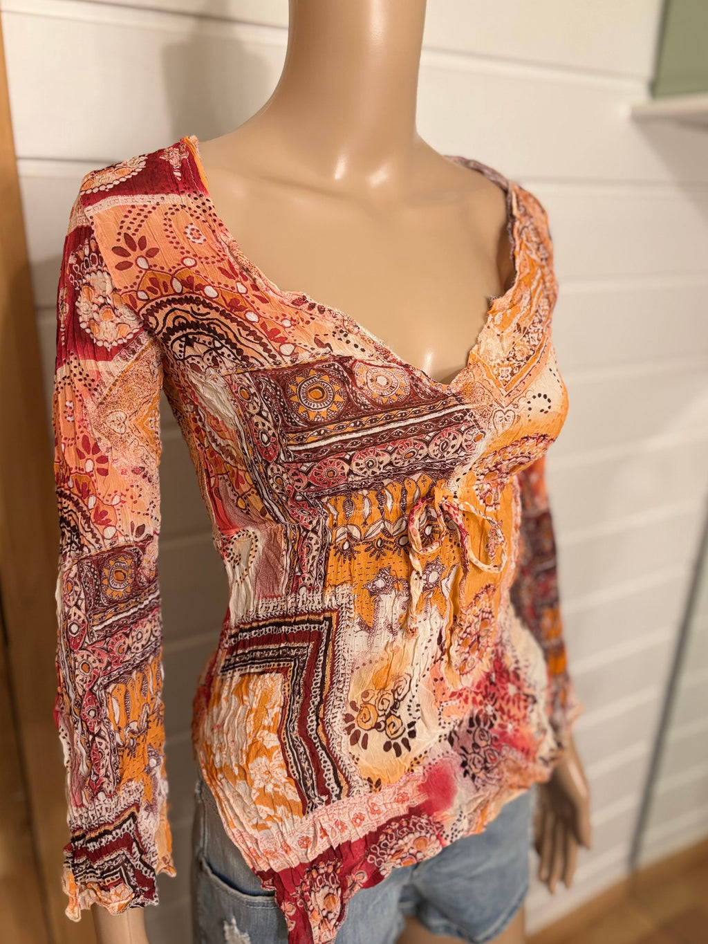 Oransje Mønstret Mesh Bluse