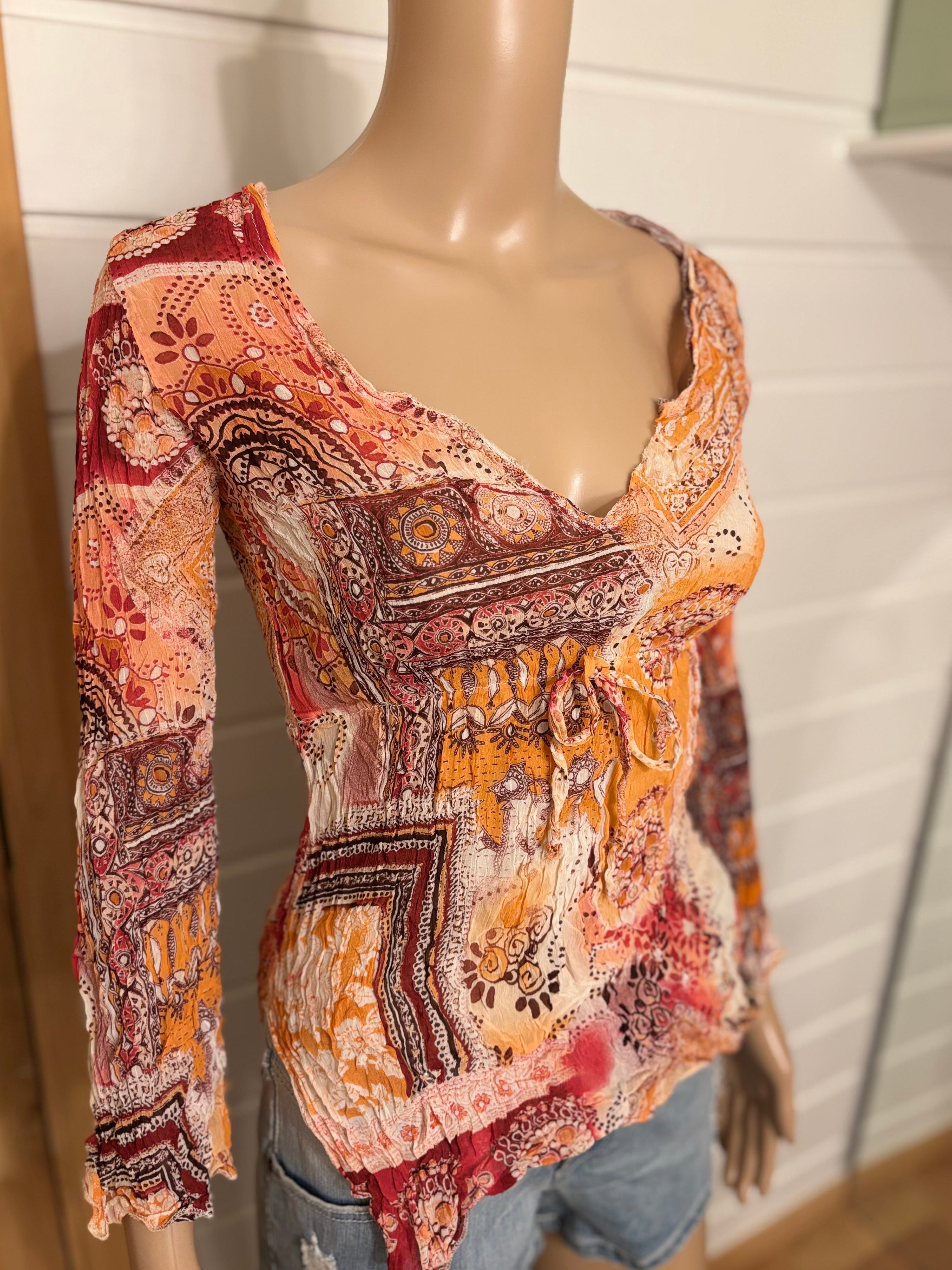 Oransje Mønstret Mesh Bluse