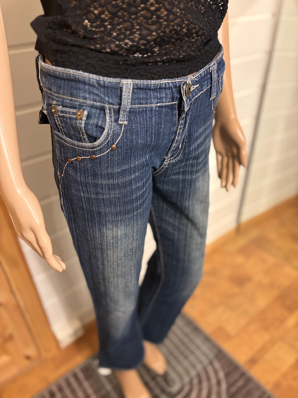 Vintage Jeans Sleng Broderte Lommer
