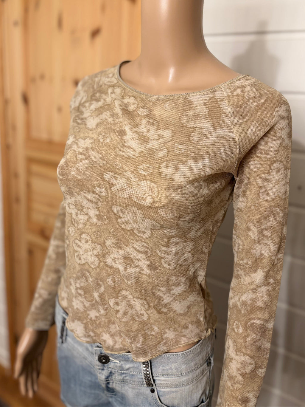 Beige Mesh Langermet Topp