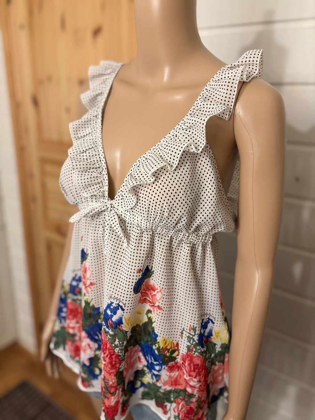 Hvit Svart Polkadott Prikker Blomstret Topp