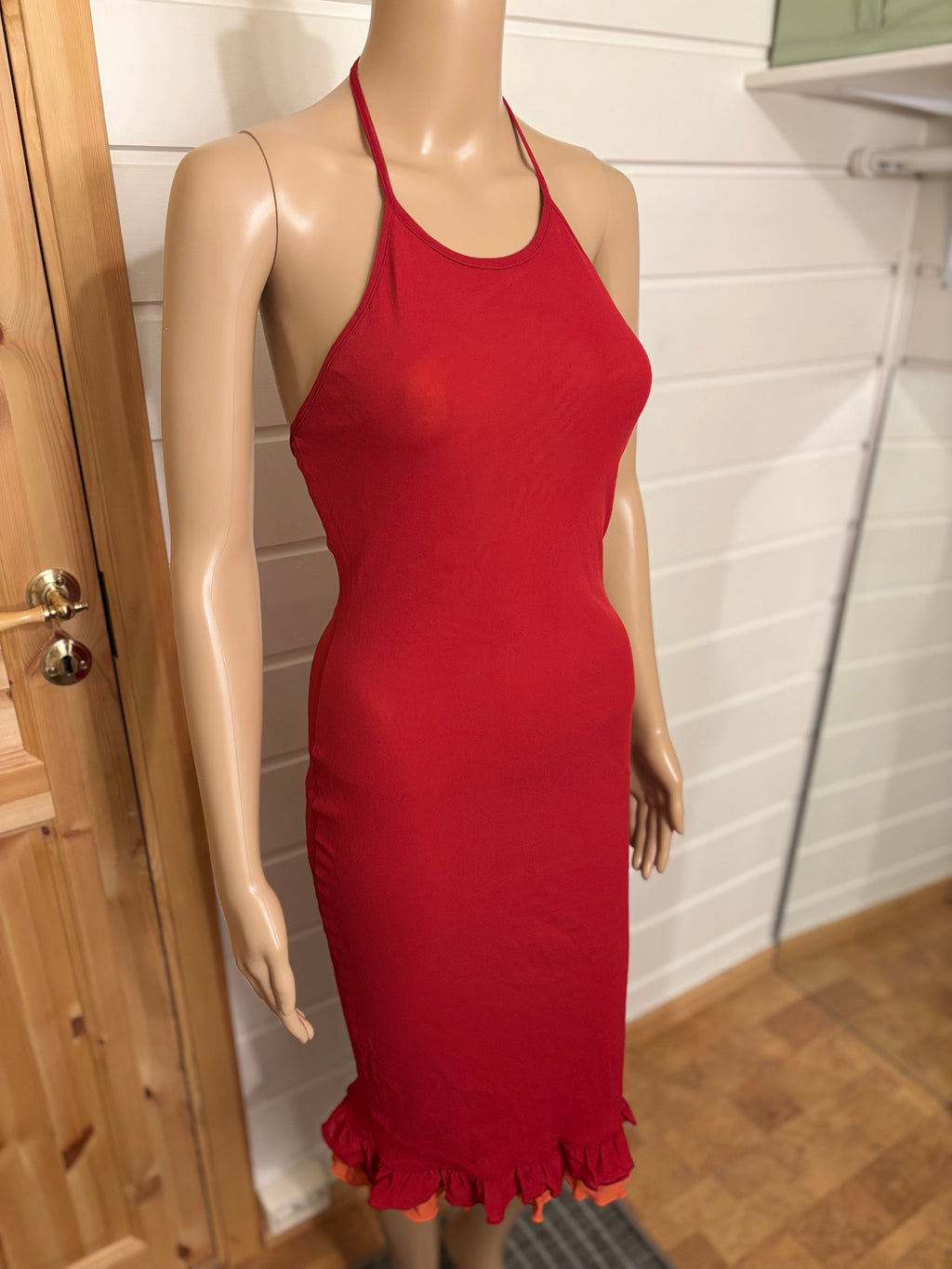 Rød Mesh Halter Neck Midi Kjole