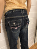 Mørkeblå Jeans Sleng Rosa Broderi