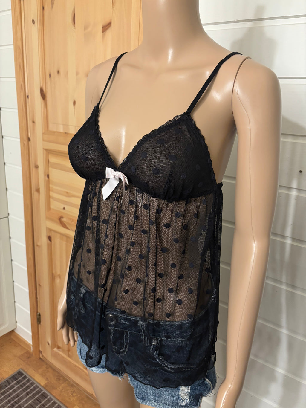 Svart Mesh Babydoll Polkadott Prikker Topp