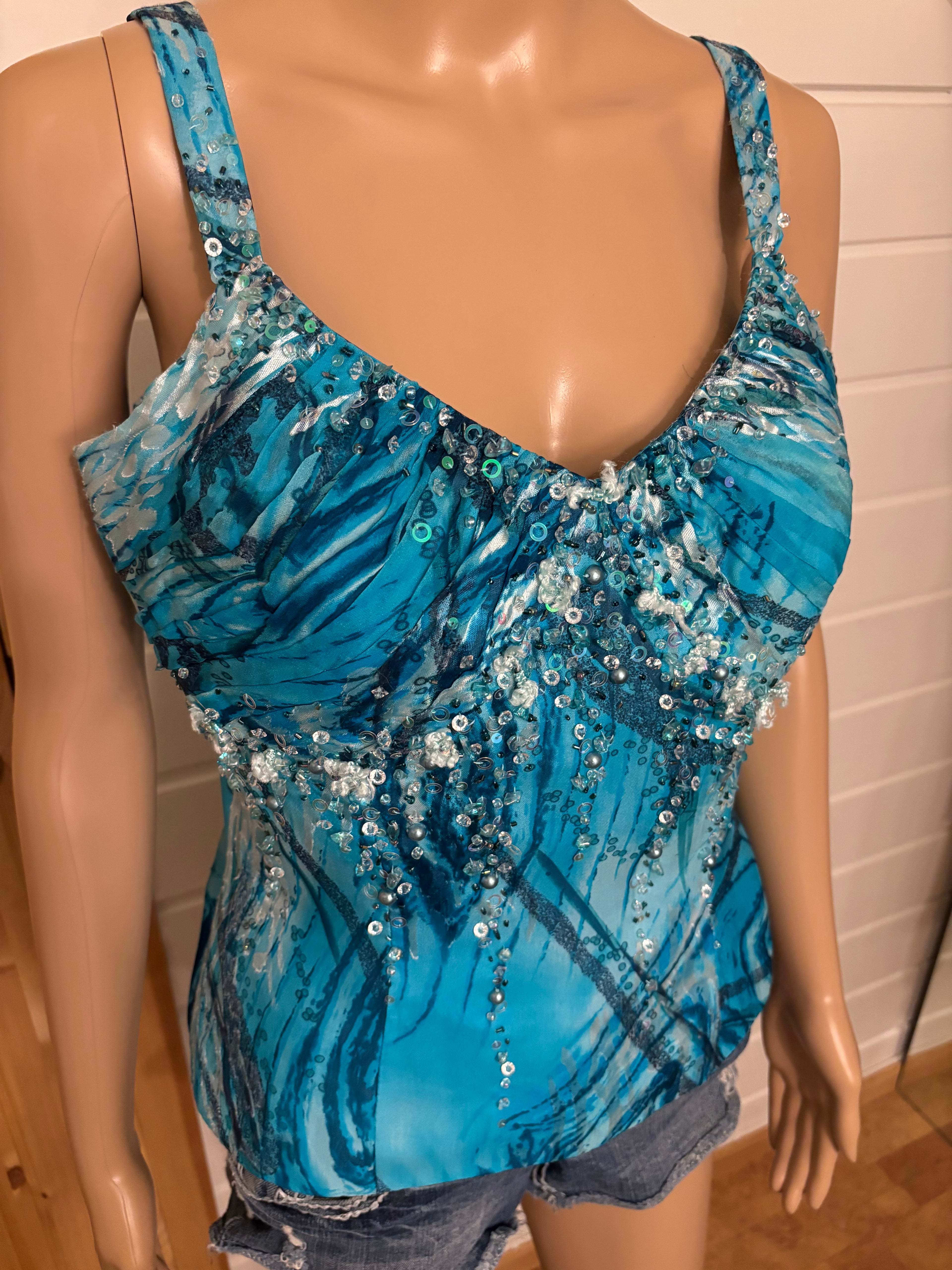 Blå Silke Topp Glitter Detaljer