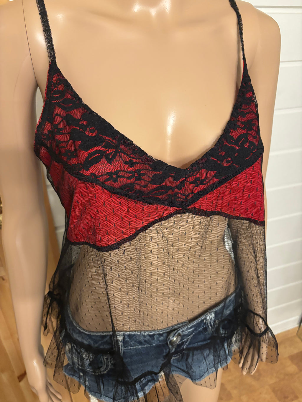 Rød Svart Mesh Topp