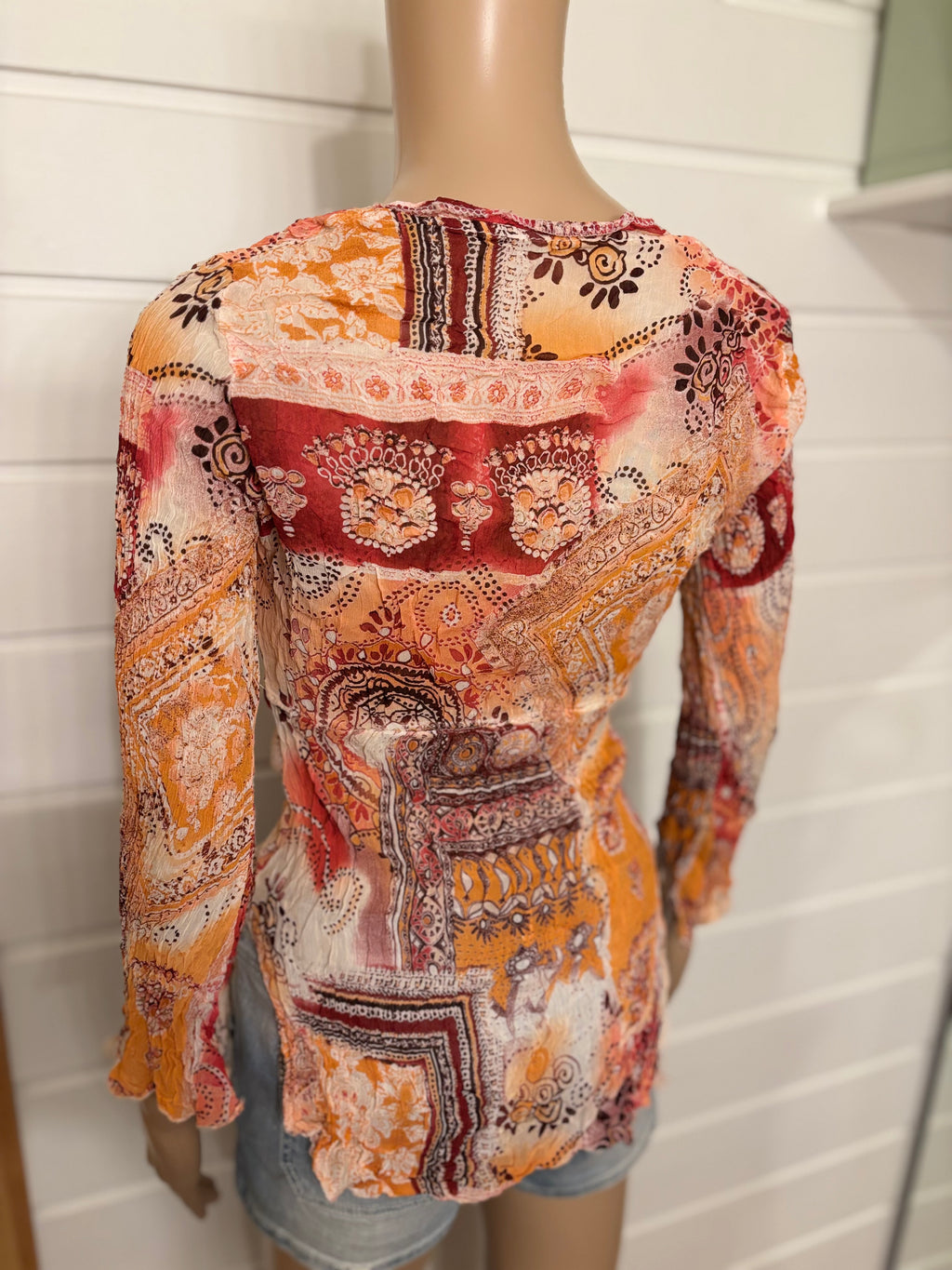 Oransje Mønstret Mesh Bluse