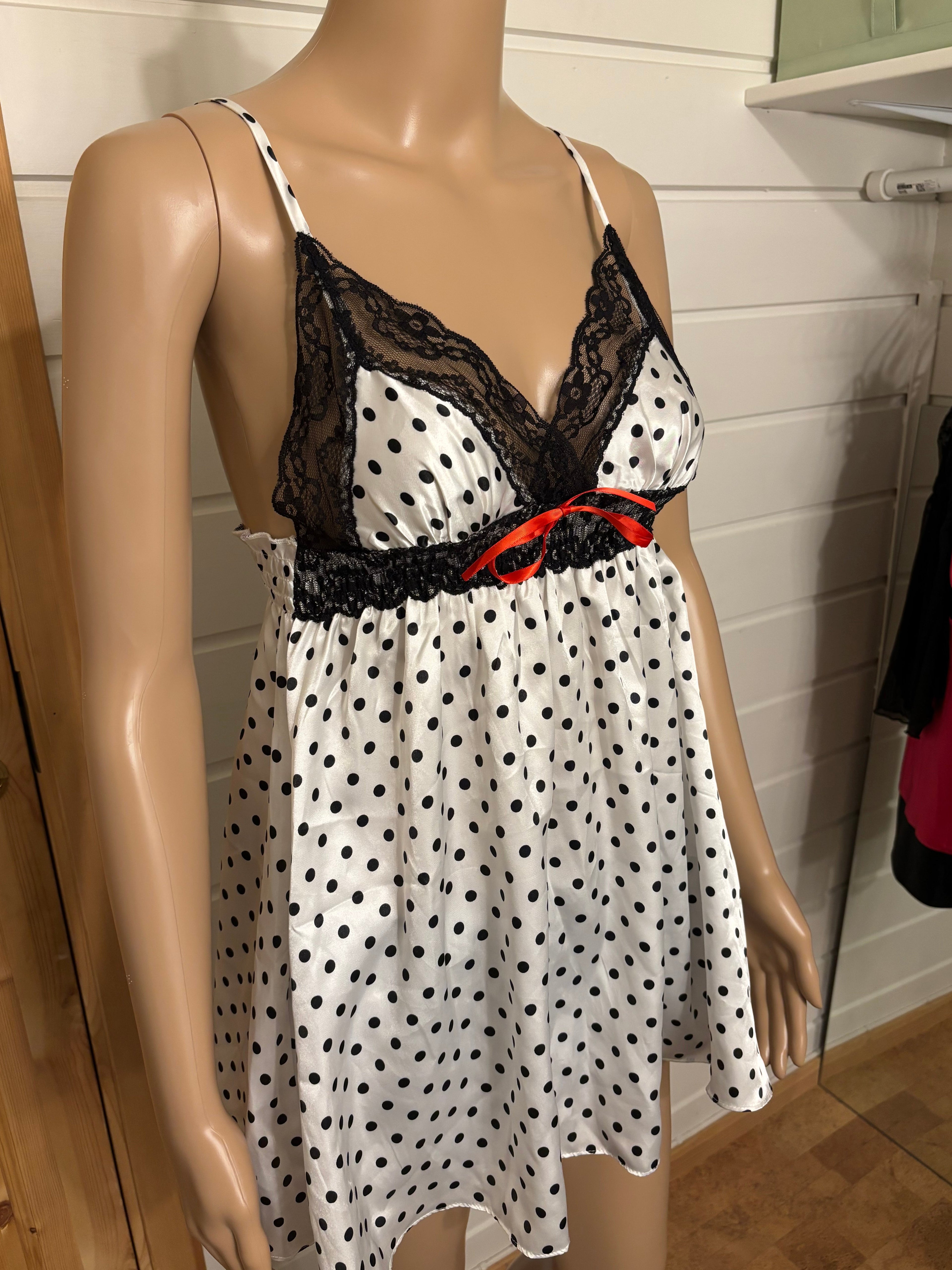 Hvit Svart Polkadott Prikker Babydoll Topp