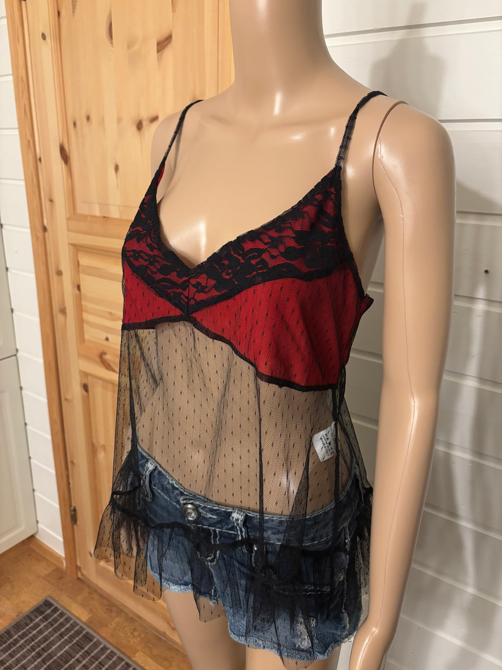 Rød Svart Mesh Topp