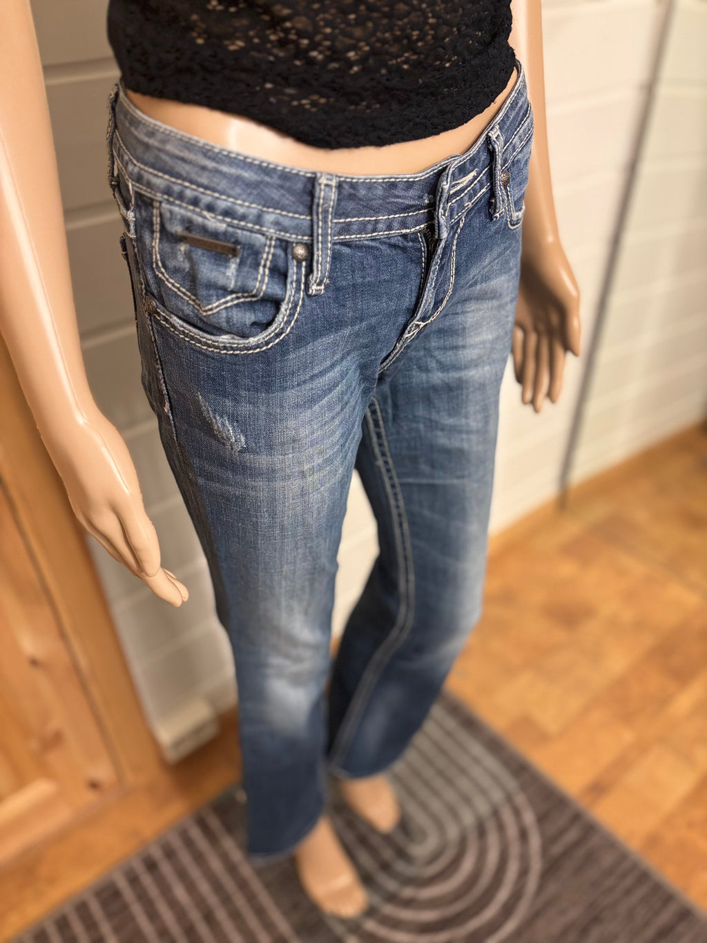 Vintage Jeans Bootcut Hvite Broderte Lommer