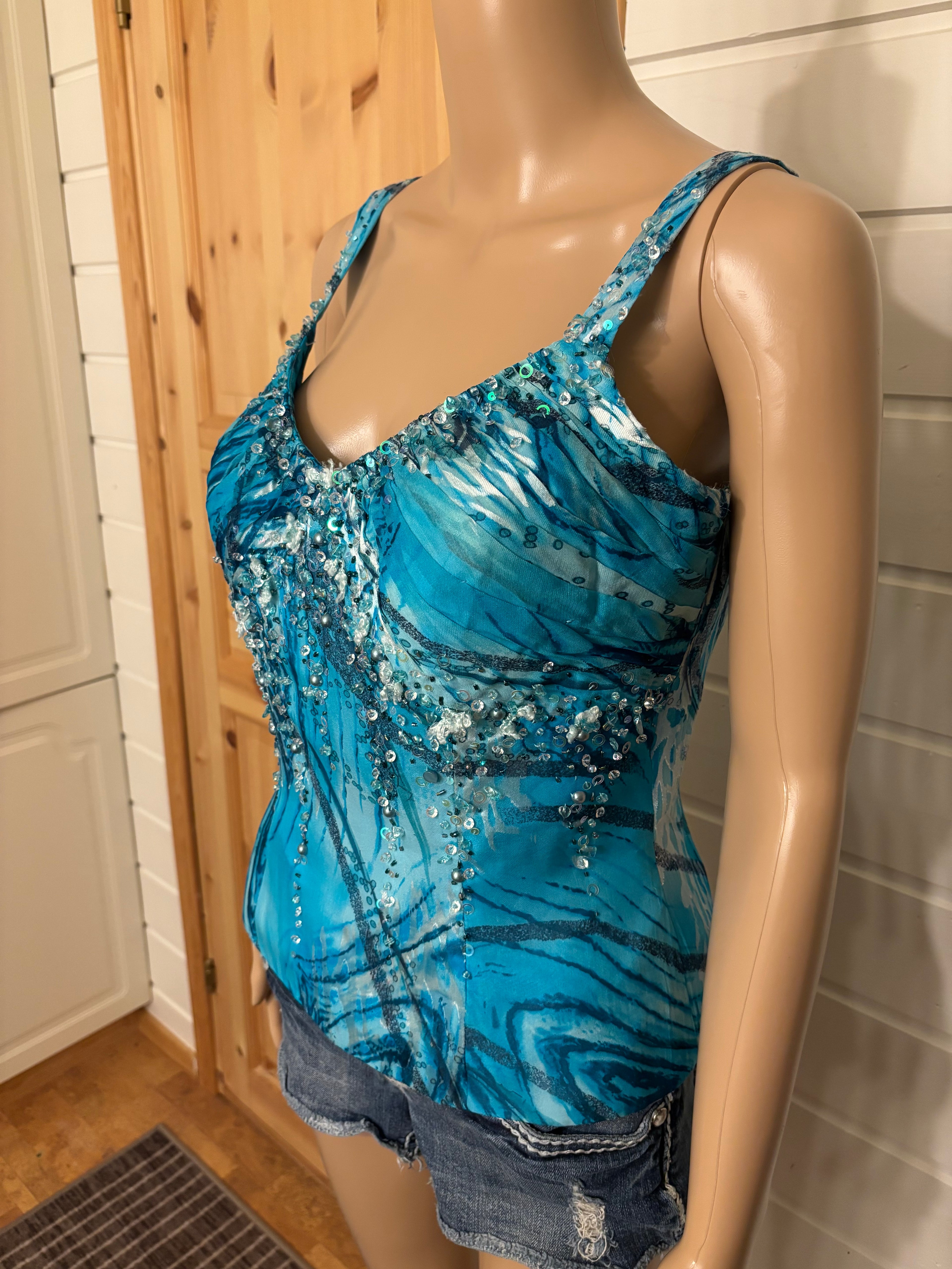 Blå Silke Topp Glitter Detaljer
