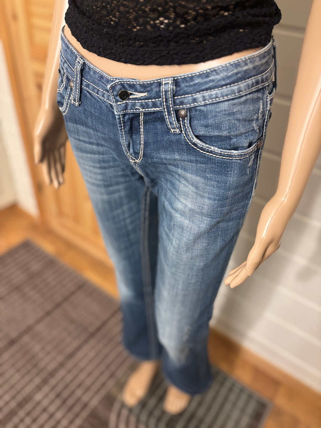 Vintage Jeans Bootcut Hvite Broderte Lommer