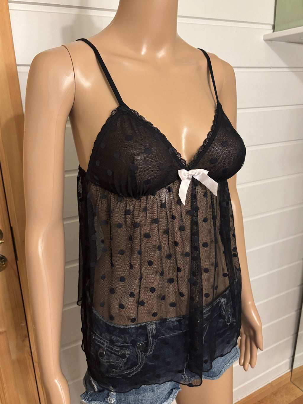 Svart Mesh Babydoll Polkadott Prikker Topp