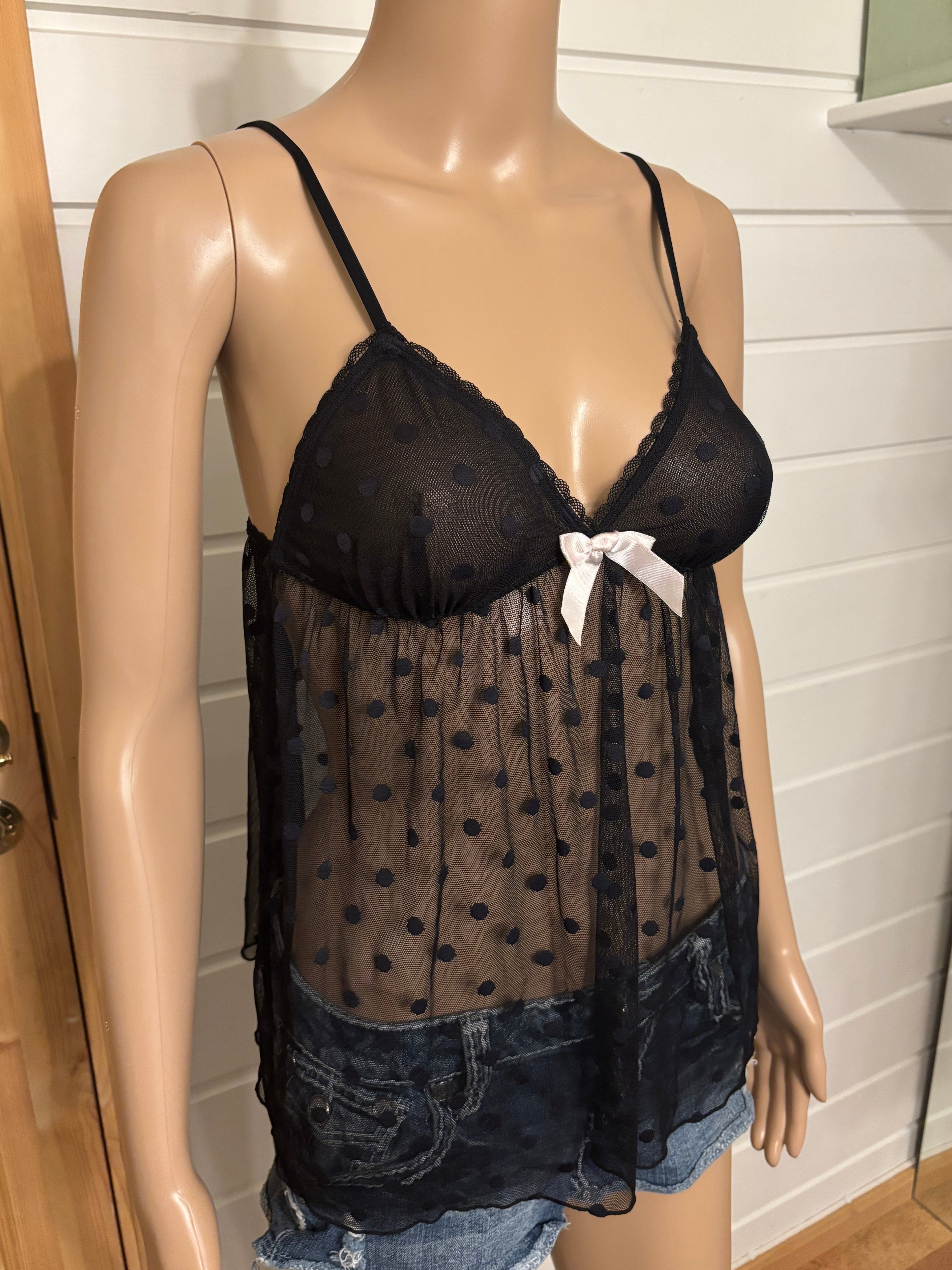 Svart Mesh Babydoll Polkadott Prikker Topp
