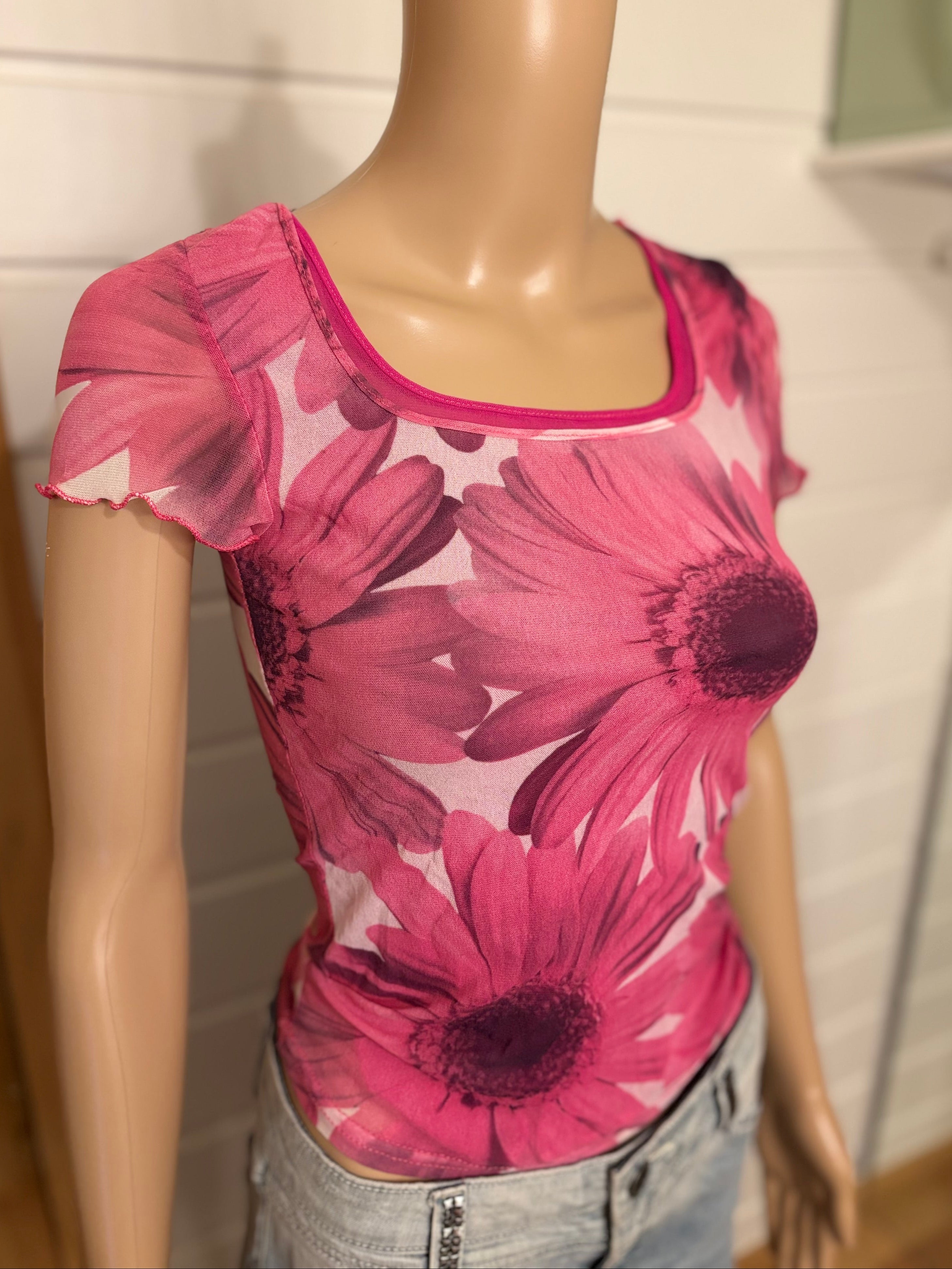 Rosa Blomstret Mesh T-skjorte