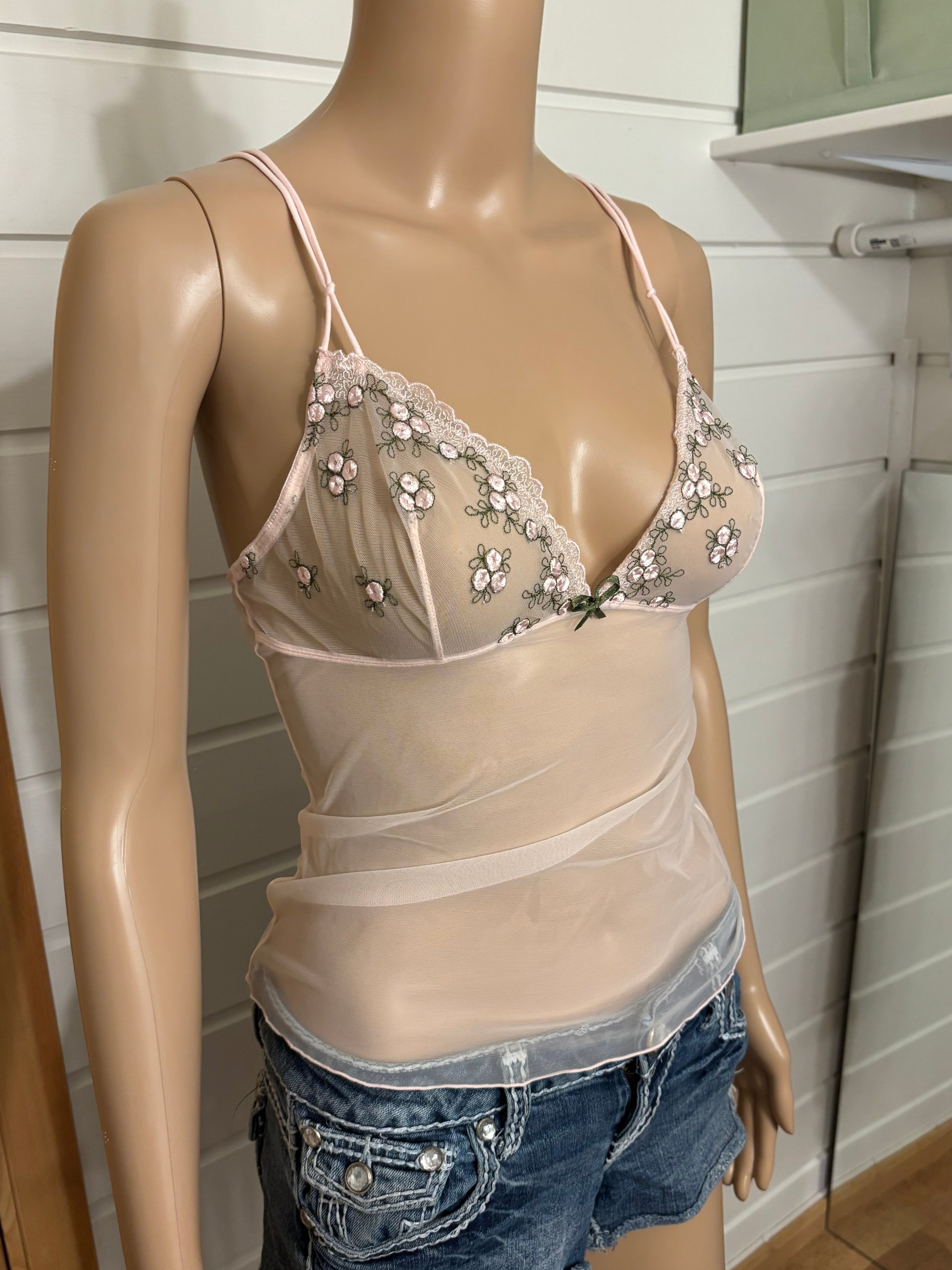 Lyserosa Mesh Topp Blomstret