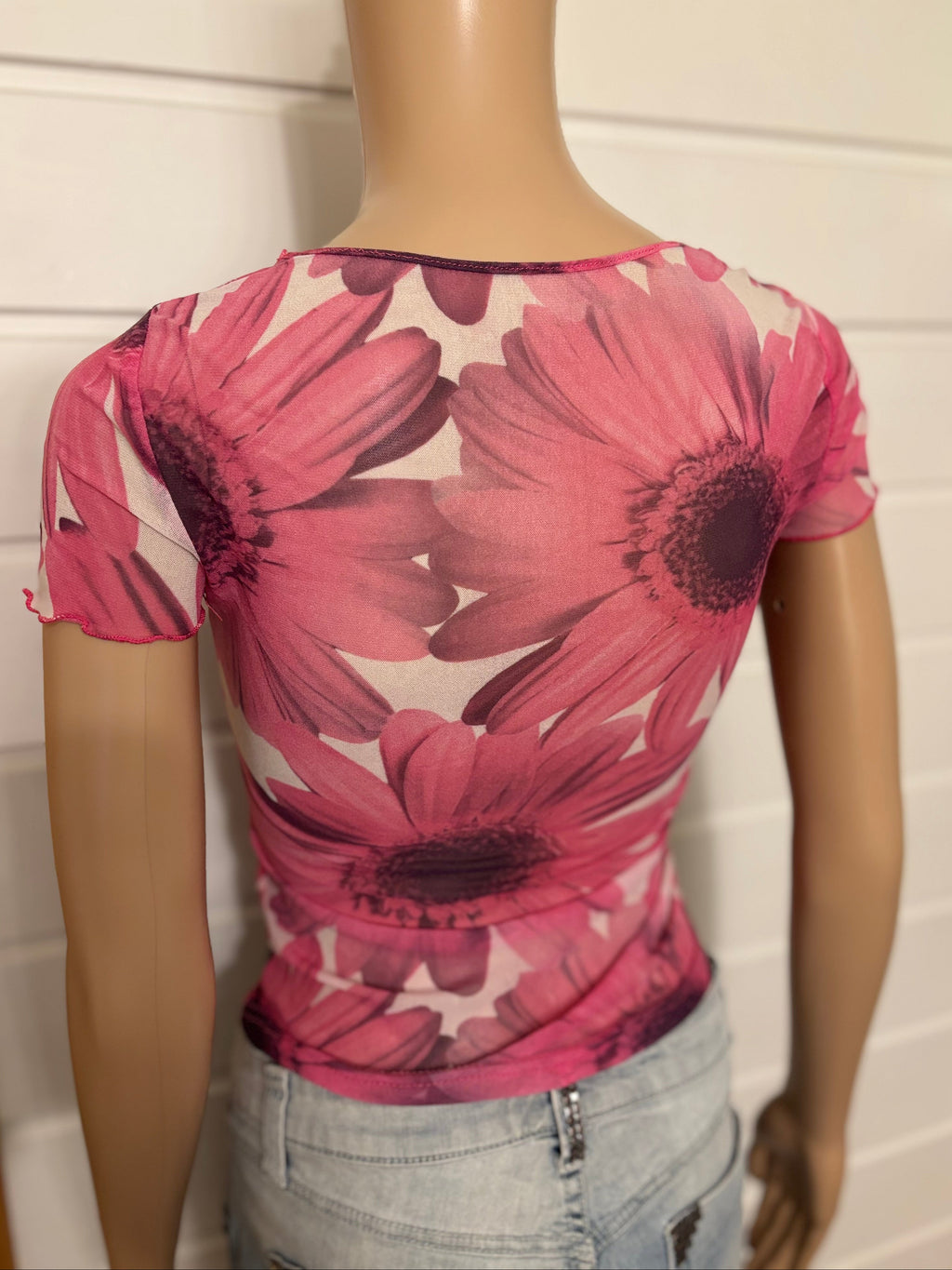 Rosa Blomstret Mesh T-skjorte