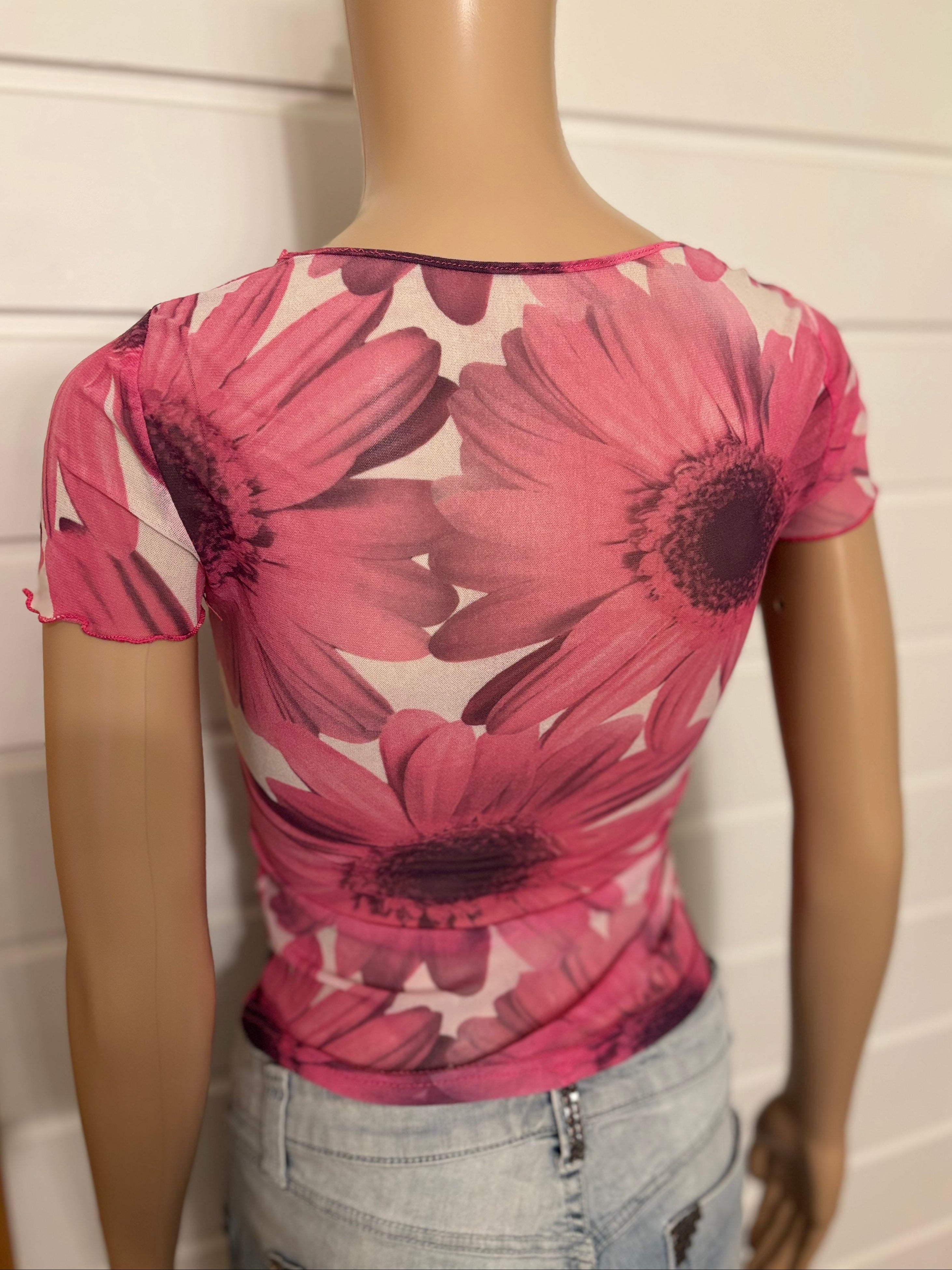 Rosa Blomstret Mesh T-skjorte