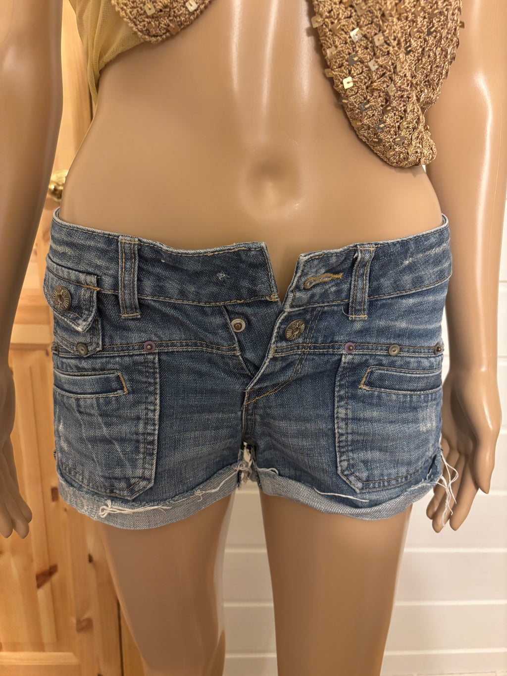 Y2K Denim Shorts Broderte Lommer