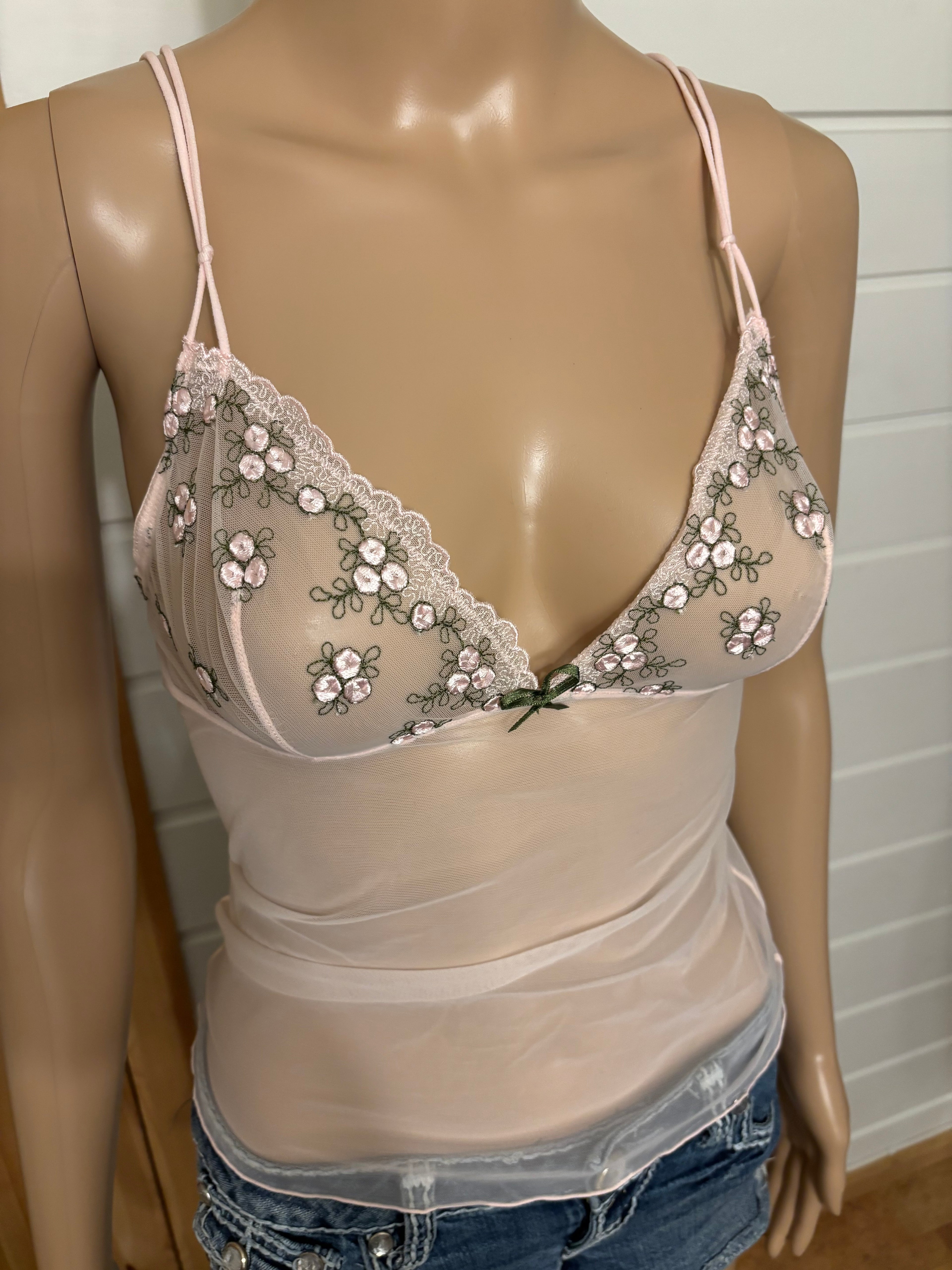 Lyserosa Mesh Topp Blomstret