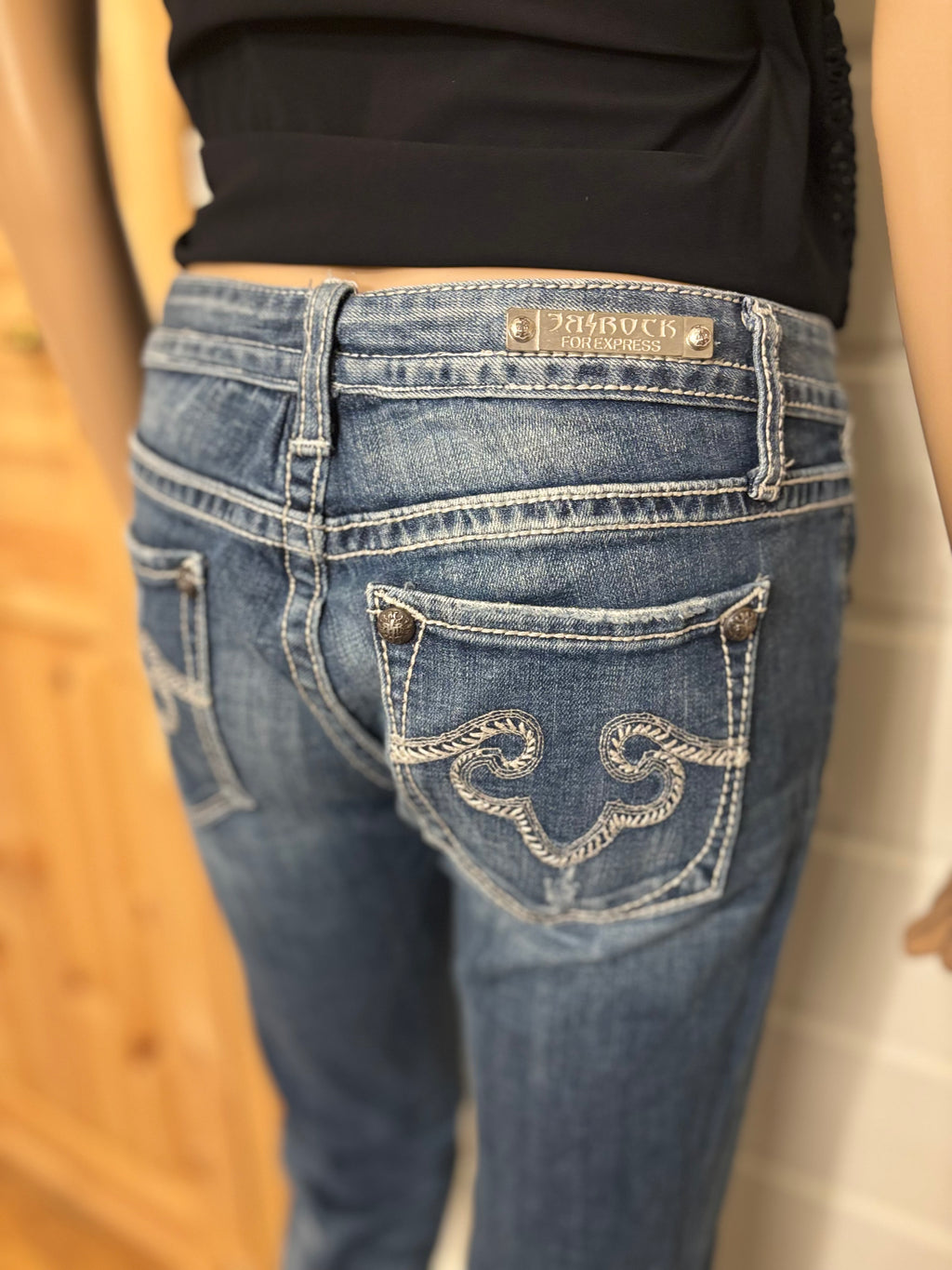 Vintage Jeans Bootcut Hvite Broderte Lommer