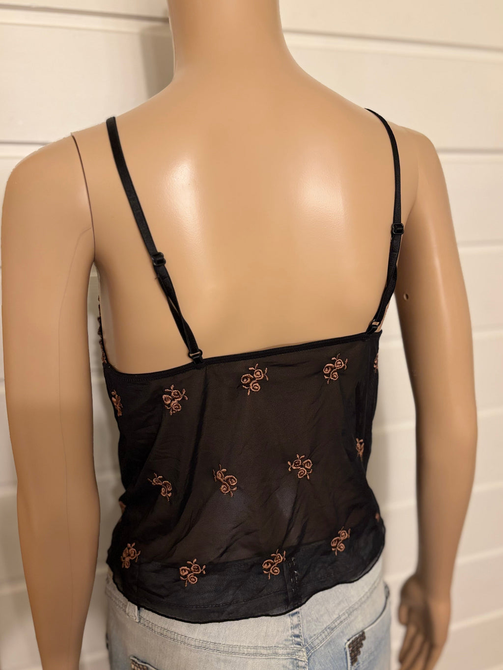 Svart Mesh Topp Brun Broderi